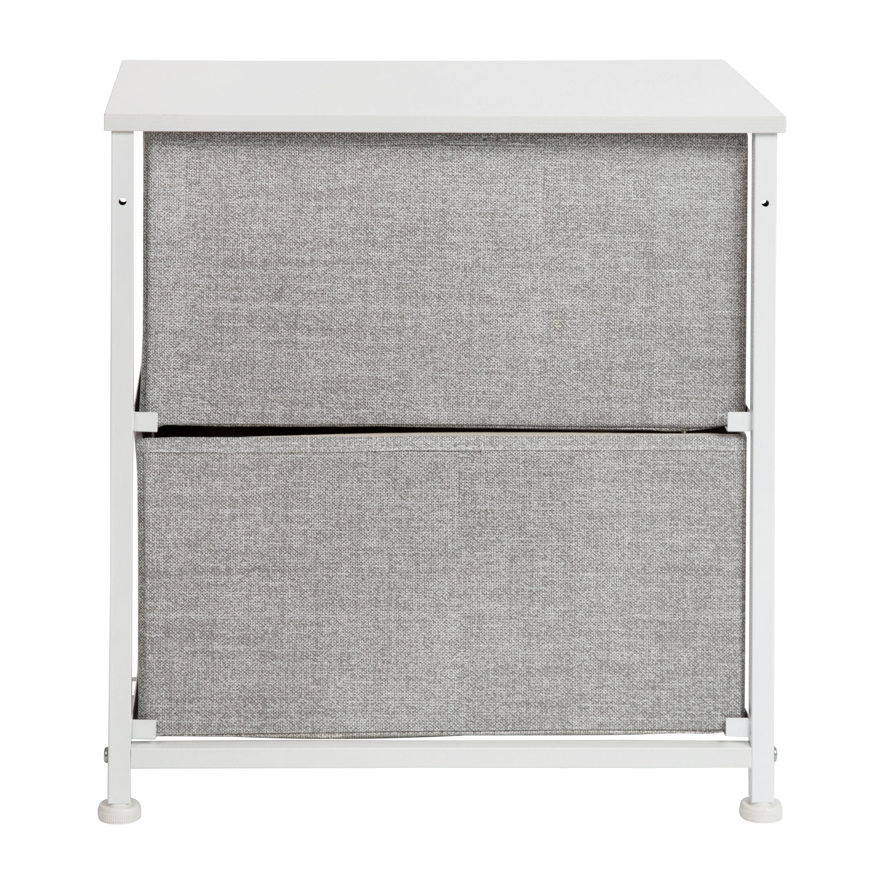 Harris 2 Drawer Wood Top White Nightstand Storage Organizer with Cast Iron Frame and Light Gray Easy Pull Fabric Drawers