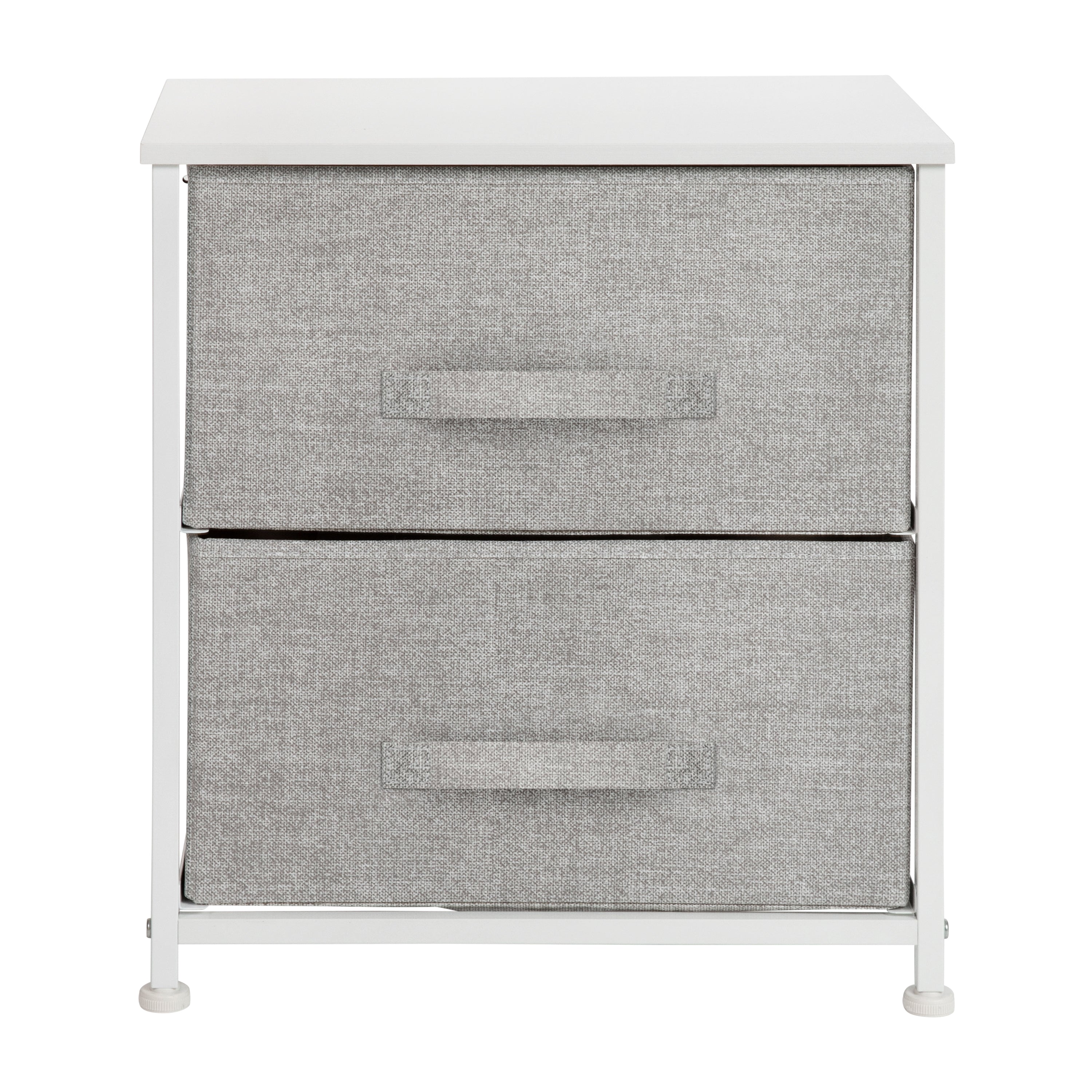 Harris 2 Drawer Wood Top White Nightstand Storage Organizer with Cast Iron Frame and Light Gray Easy Pull Fabric Drawers