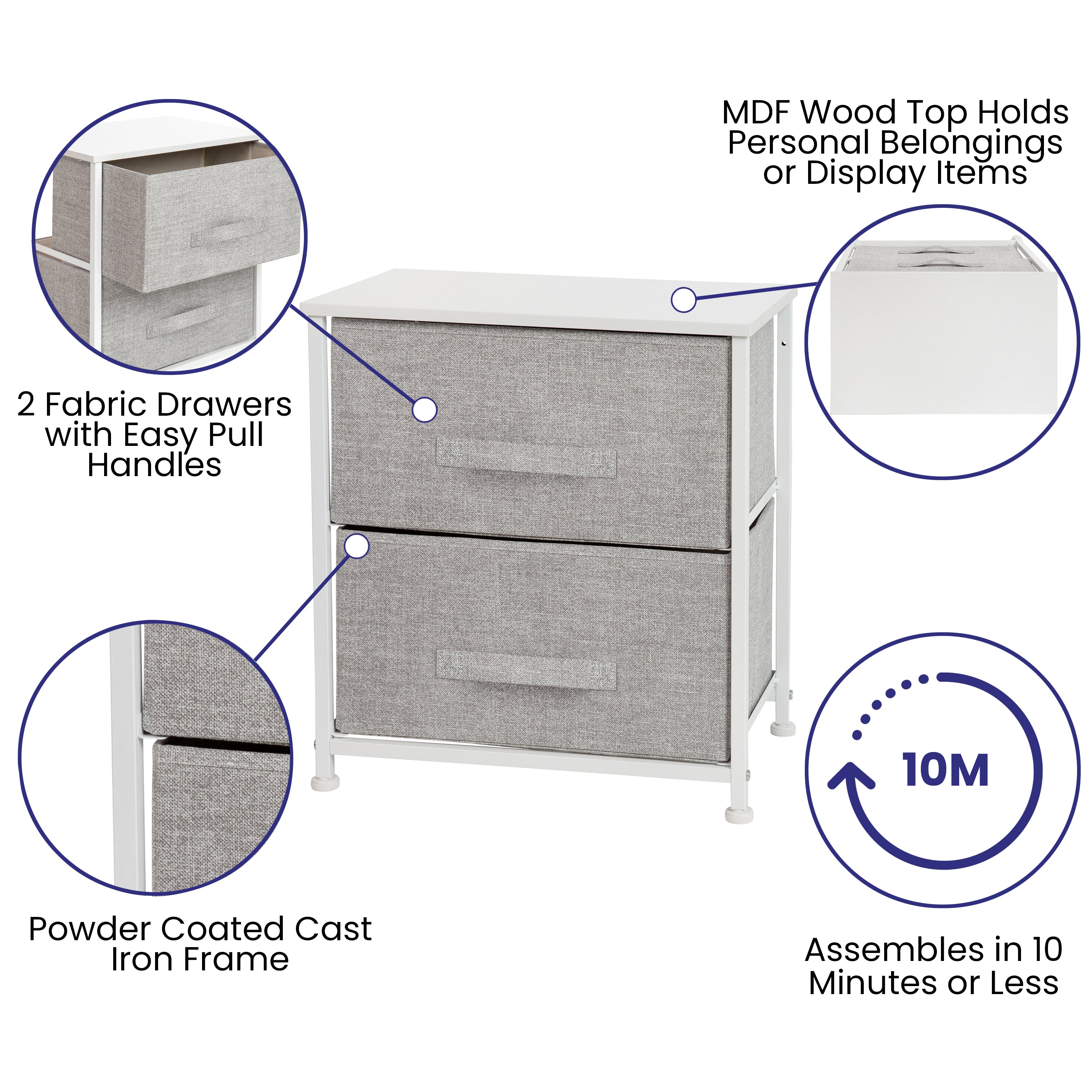 Harris 2 Drawer Wood Top White Nightstand Storage Organizer with Cast Iron Frame and Light Gray Easy Pull Fabric Drawers