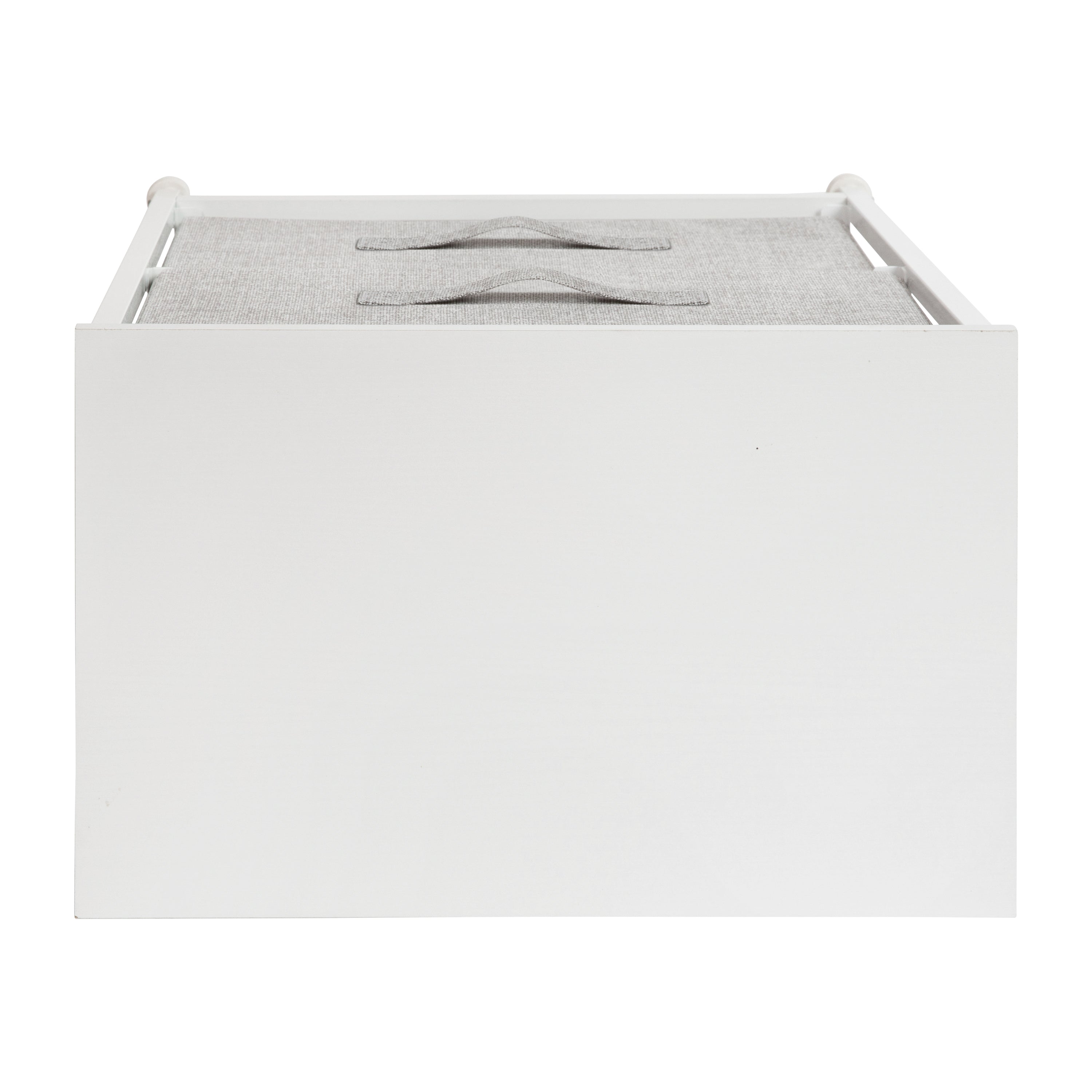 Harris 2 Drawer Wood Top White Nightstand Storage Organizer with Cast Iron Frame and Light Gray Easy Pull Fabric Drawers