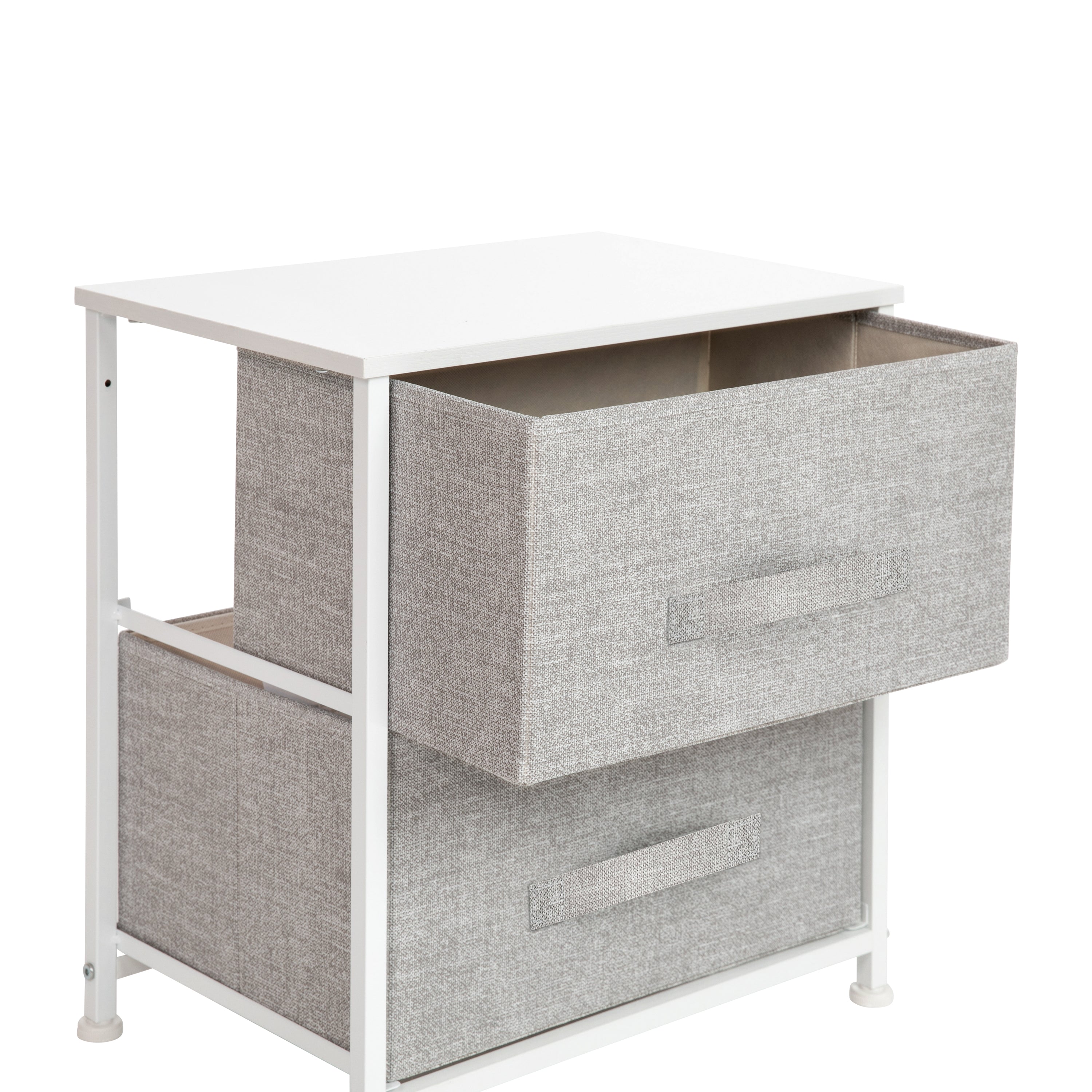 Harris 2 Drawer Wood Top White Nightstand Storage Organizer with Cast Iron Frame and Light Gray Easy Pull Fabric Drawers
