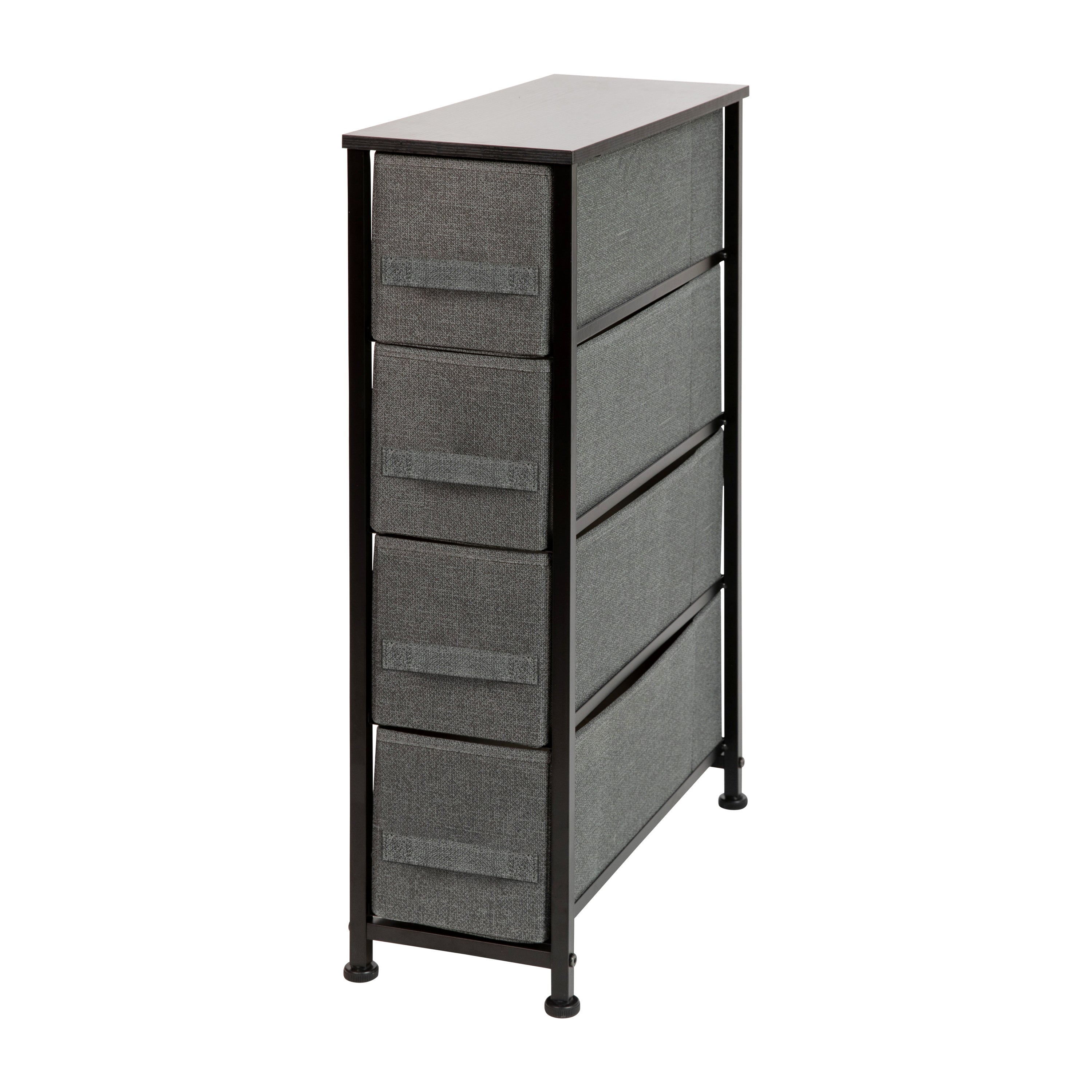 Harris 4 Drawer Slim Wood Top Black Cast Iron Frame Dresser Storage Tower with Dark Gray Easy Pull Fabric Drawers