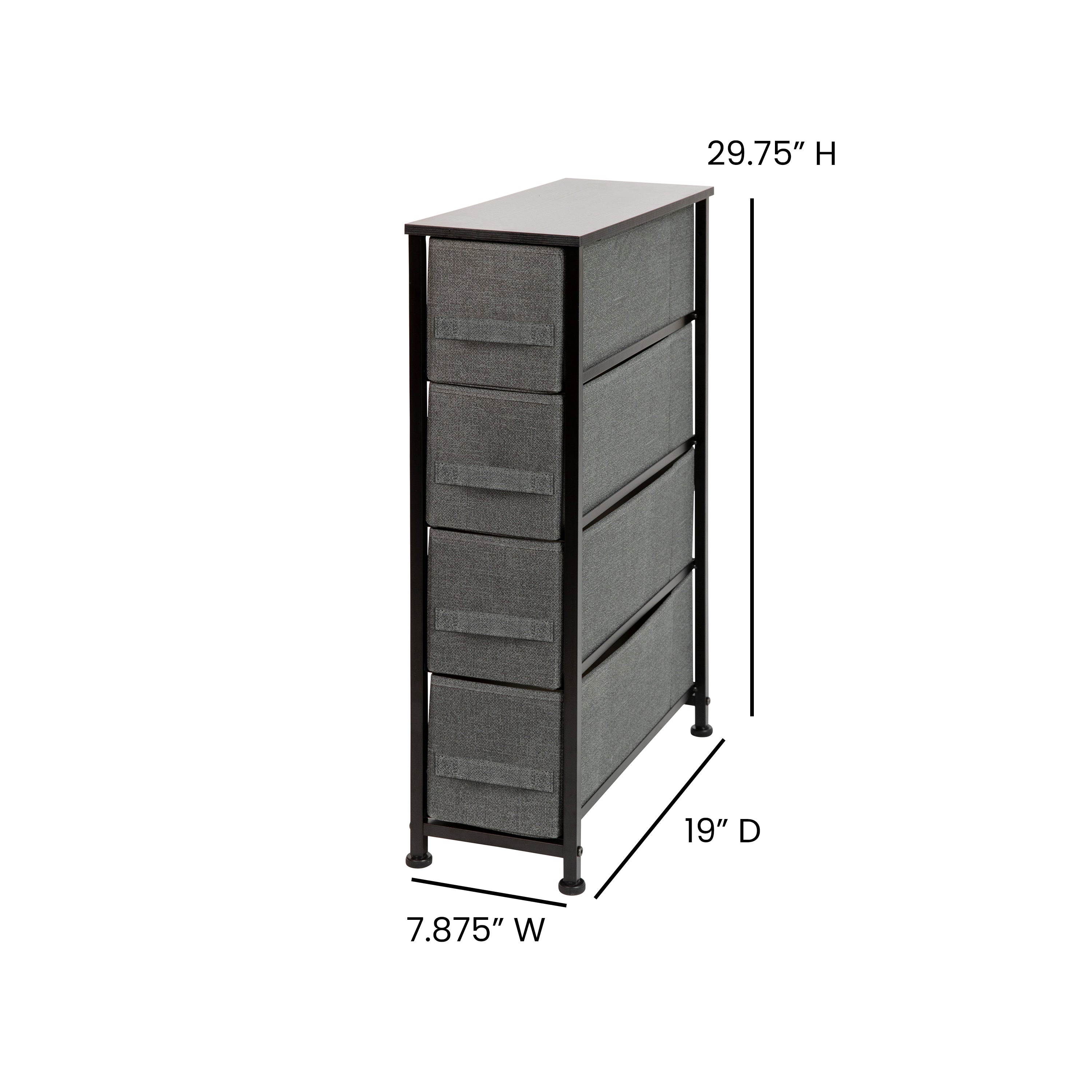 Harris 4 Drawer Slim Wood Top Black Cast Iron Frame Dresser Storage Tower with Dark Gray Easy Pull Fabric Drawers