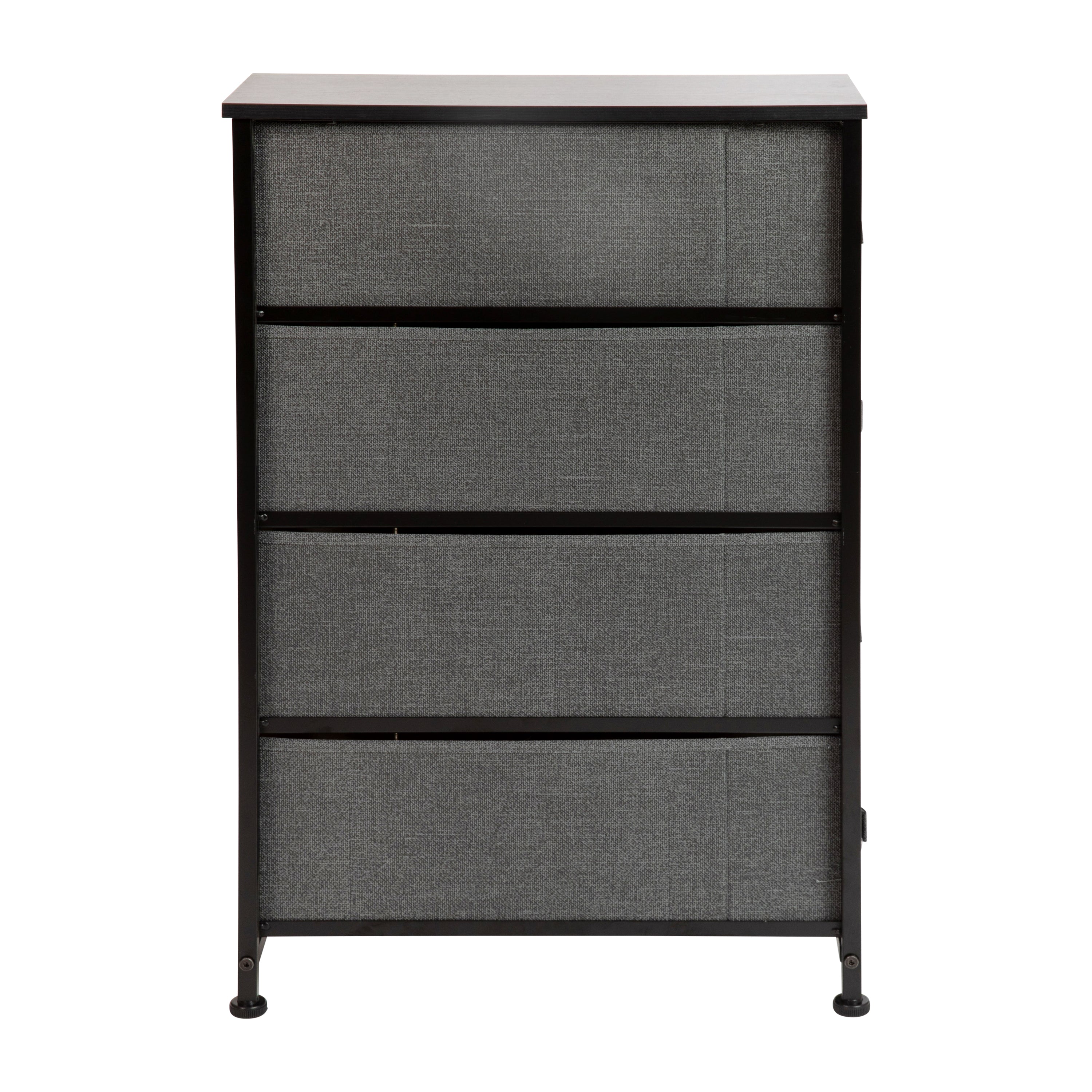 Harris 4 Drawer Slim Wood Top Black Cast Iron Frame Dresser Storage Tower with Dark Gray Easy Pull Fabric Drawers