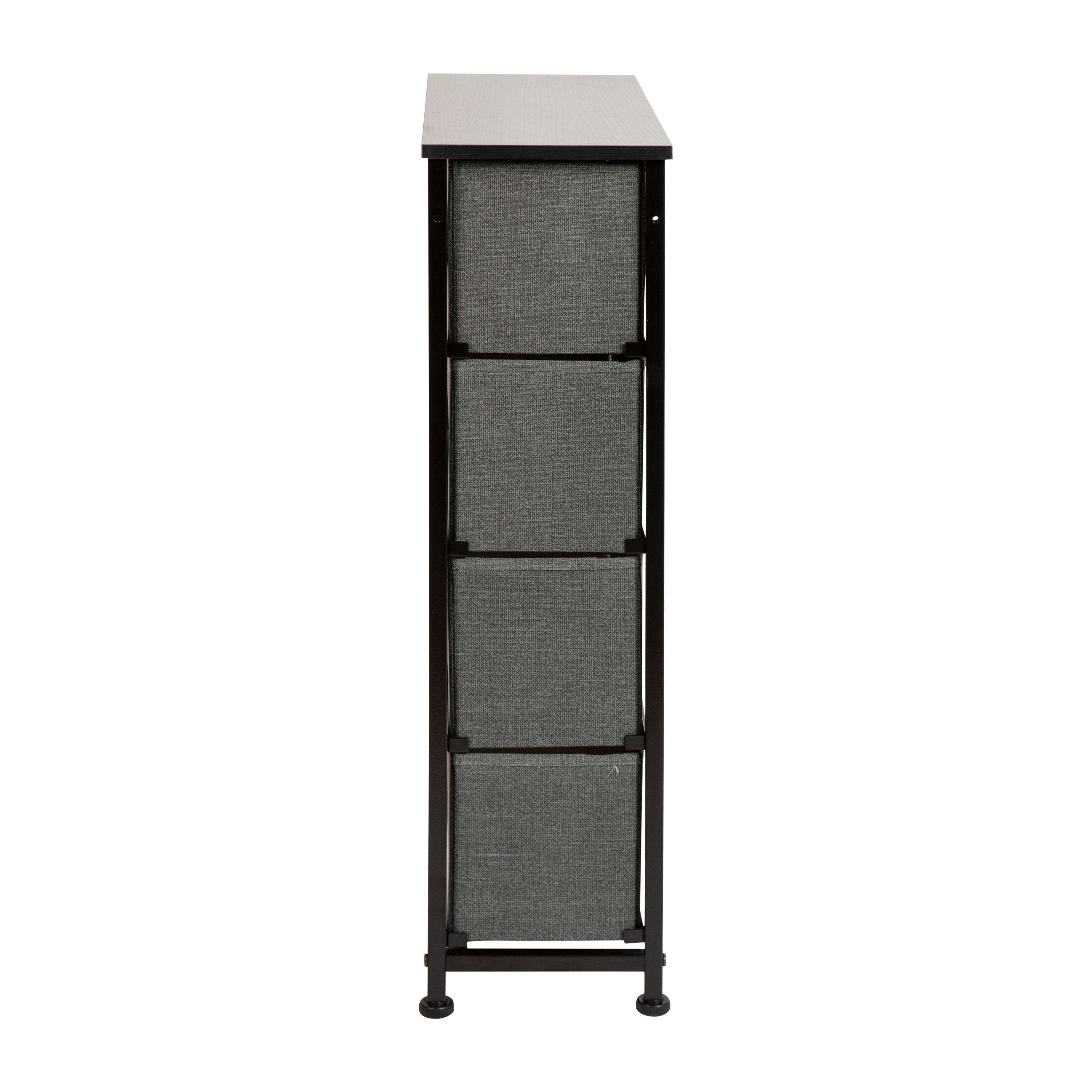 Harris 4 Drawer Slim Wood Top Black Cast Iron Frame Dresser Storage Tower with Dark Gray Easy Pull Fabric Drawers