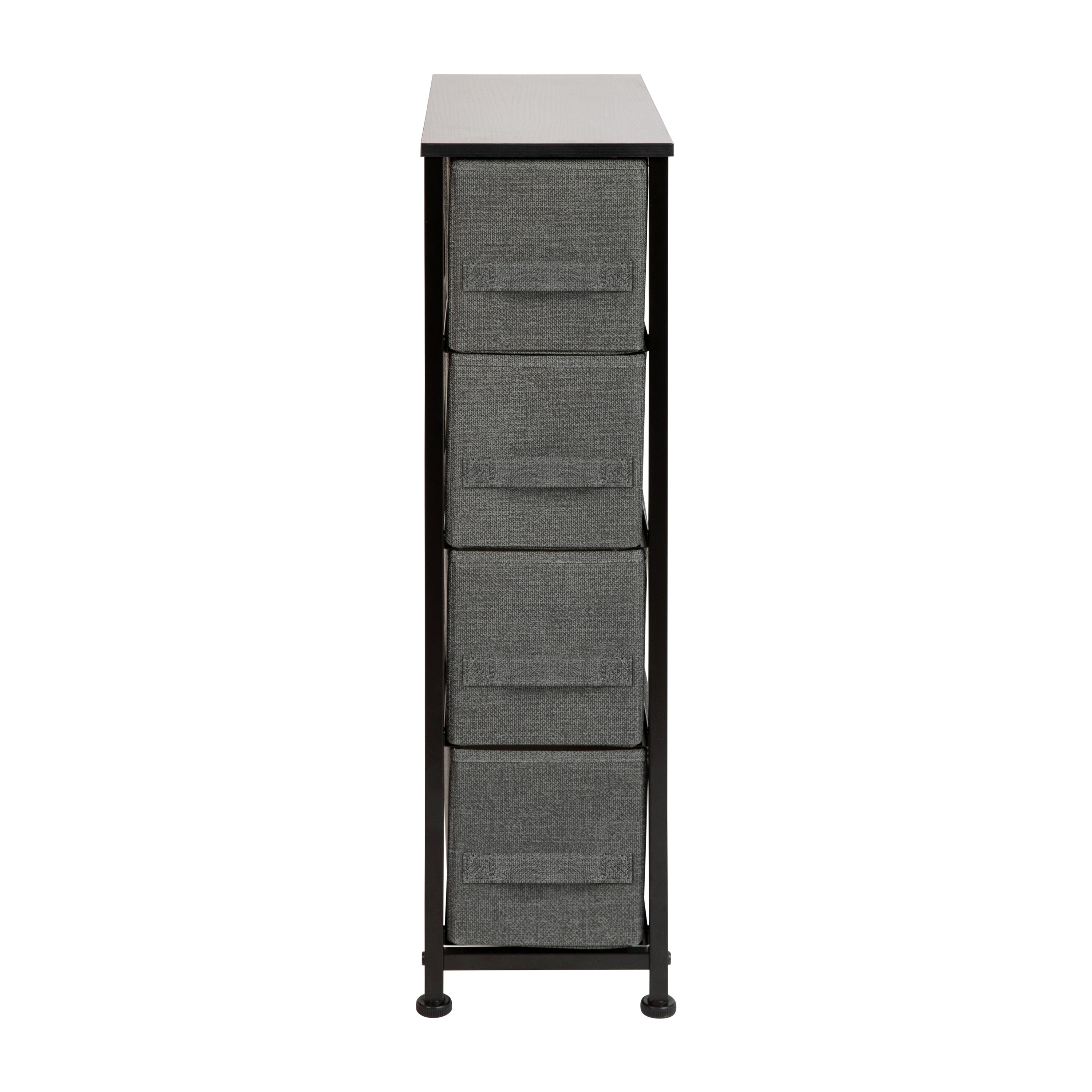 Harris 4 Drawer Slim Wood Top Black Cast Iron Frame Dresser Storage Tower with Dark Gray Easy Pull Fabric Drawers