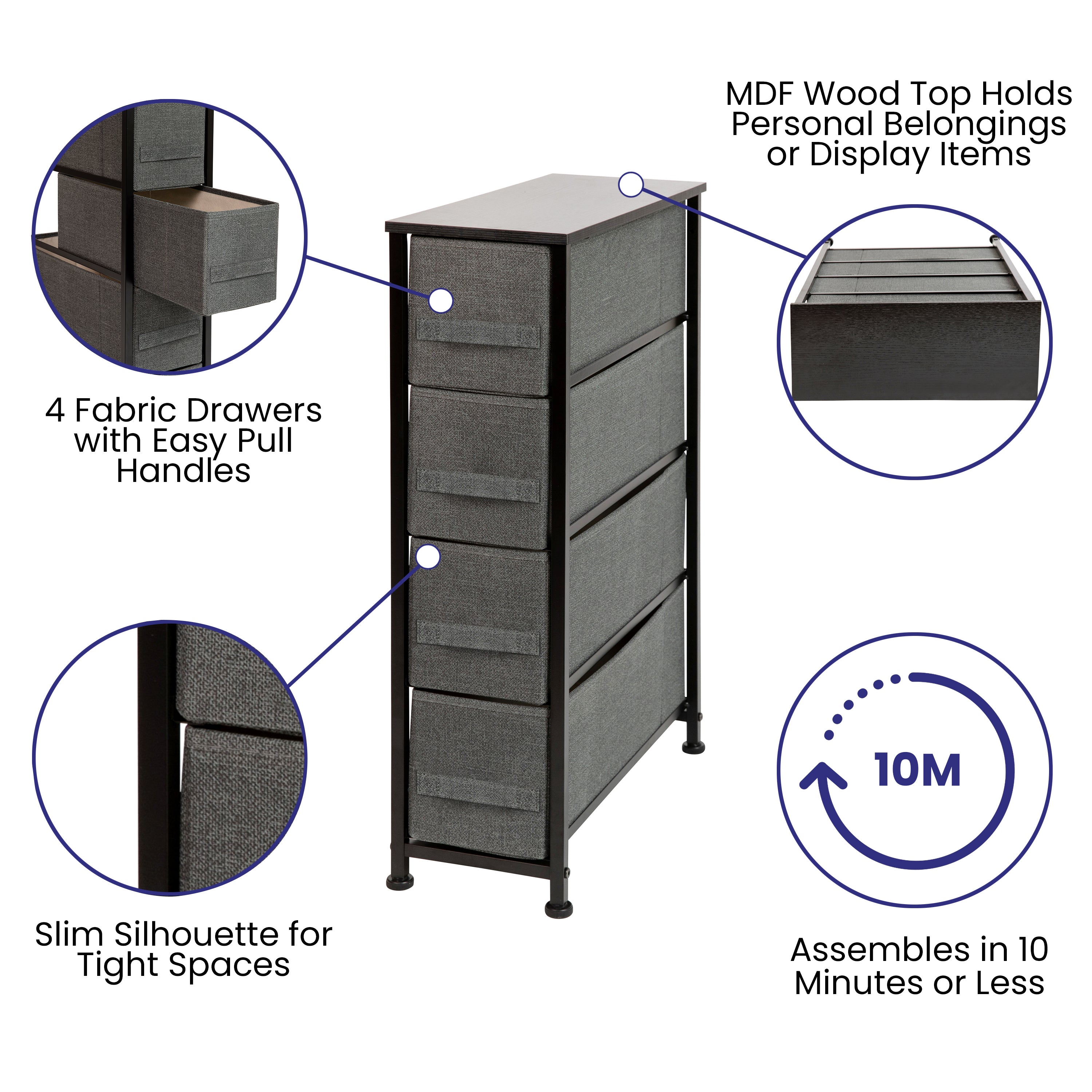 Harris 4 Drawer Slim Wood Top Black Cast Iron Frame Dresser Storage Tower with Dark Gray Easy Pull Fabric Drawers