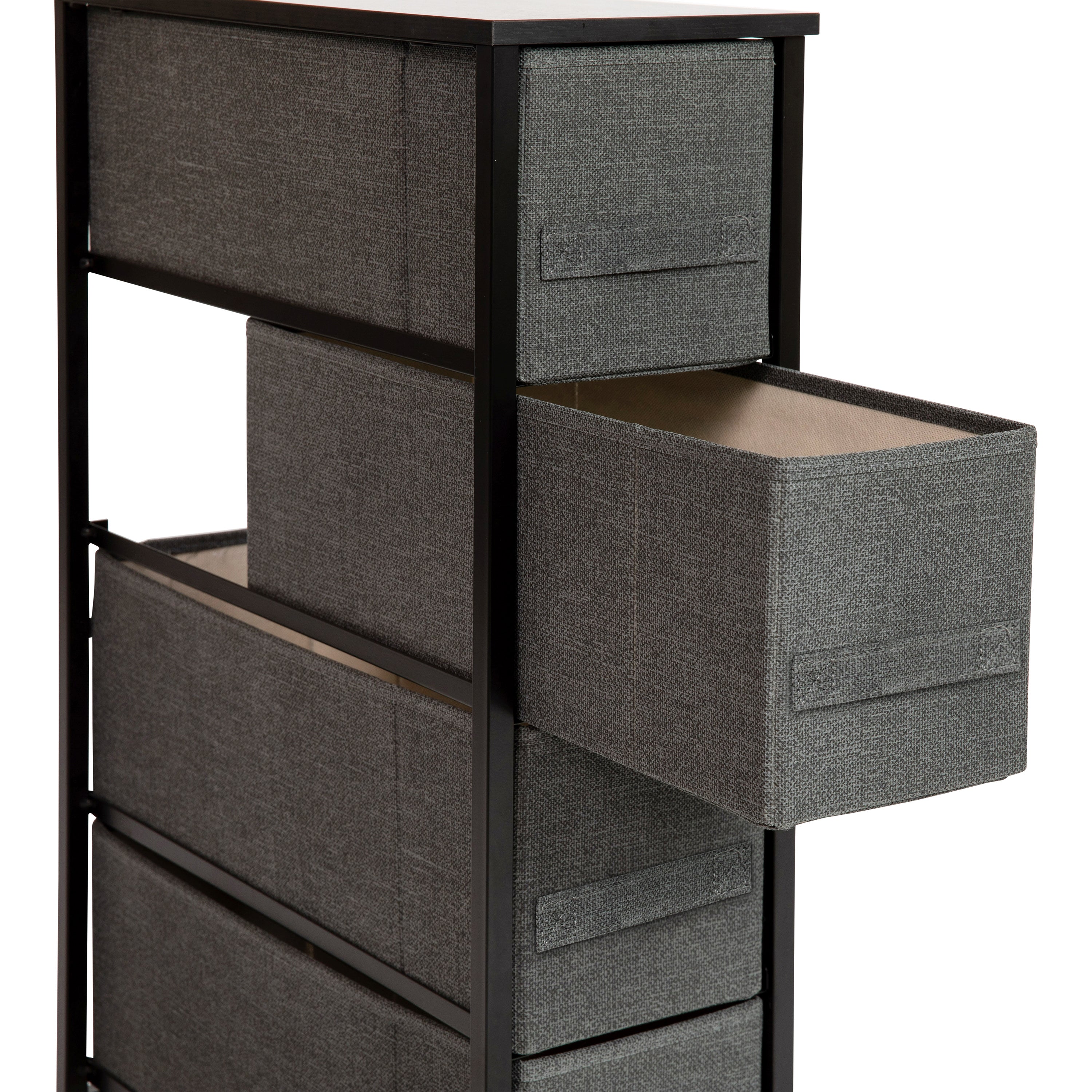 Harris 4 Drawer Slim Wood Top Black Cast Iron Frame Dresser Storage Tower with Dark Gray Easy Pull Fabric Drawers