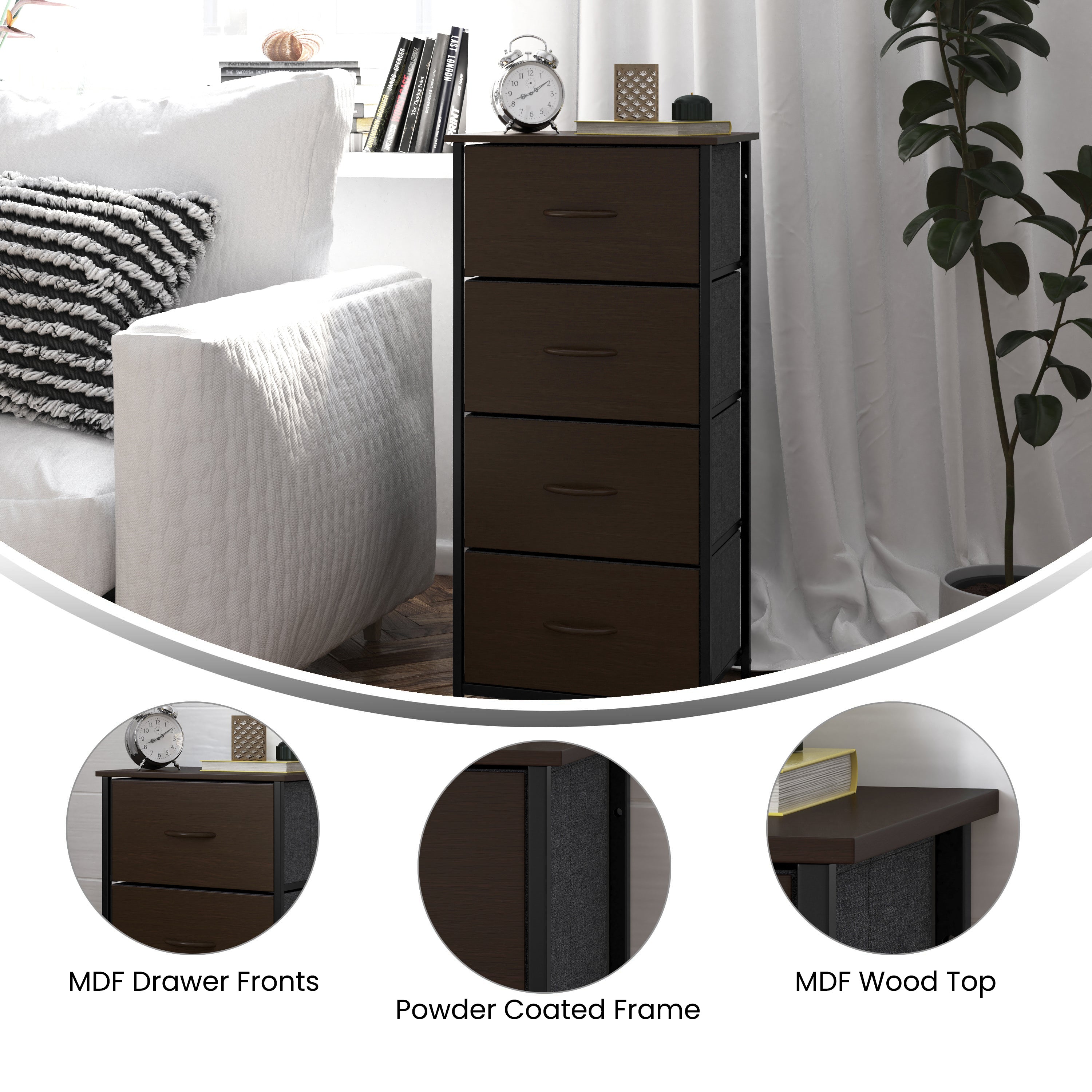 Harris 4 Drawer Storage Dresser with Black Cast Iron Frame, Brown Wood Top and Brown Easy Pull Engineered Wood Drawers with Wooden Handles