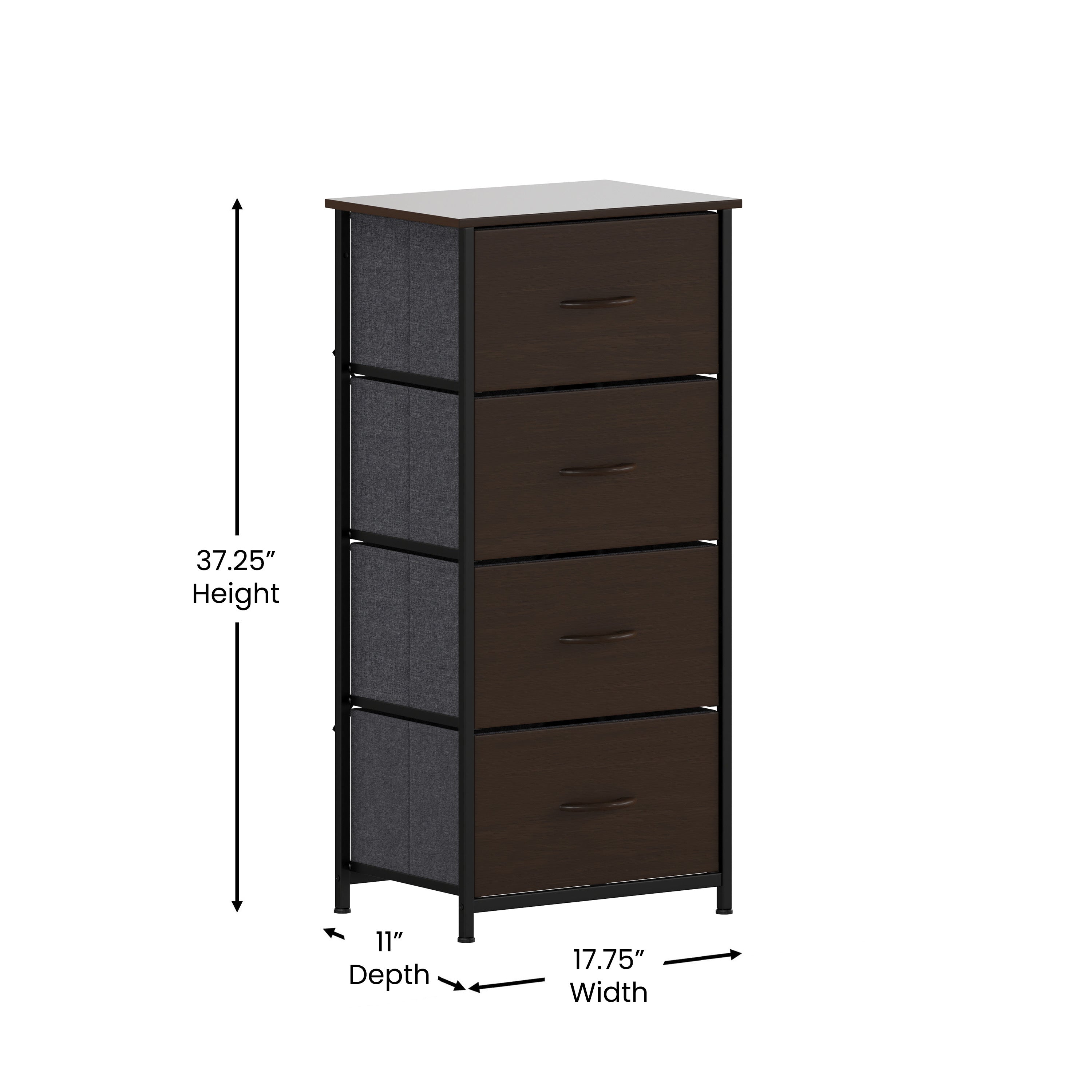 Harris 4 Drawer Storage Dresser with Black Cast Iron Frame, Brown Wood Top and Brown Easy Pull Engineered Wood Drawers with Wooden Handles