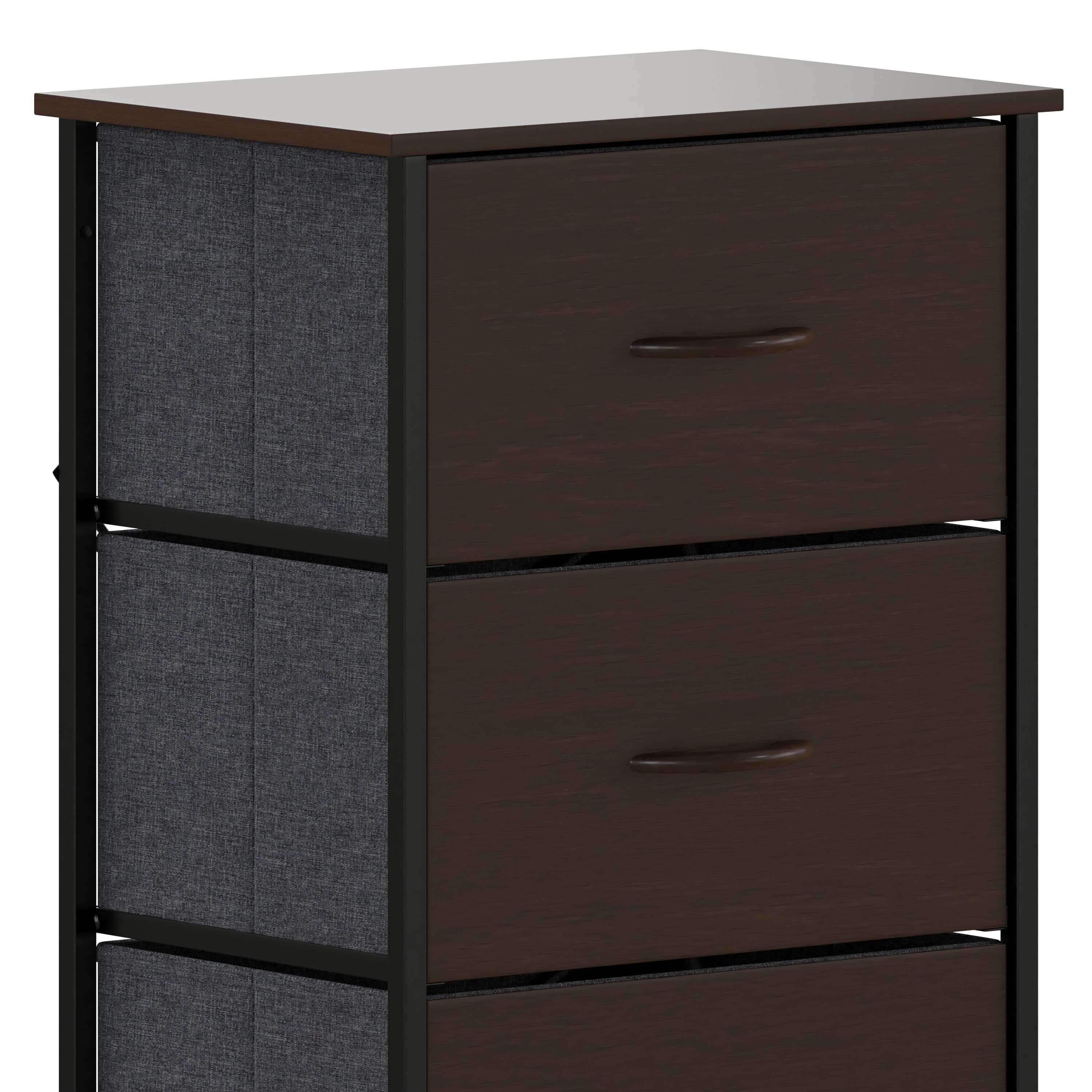 Harris 4 Drawer Storage Dresser with Black Cast Iron Frame, Brown Wood Top and Brown Easy Pull Engineered Wood Drawers with Wooden Handles
