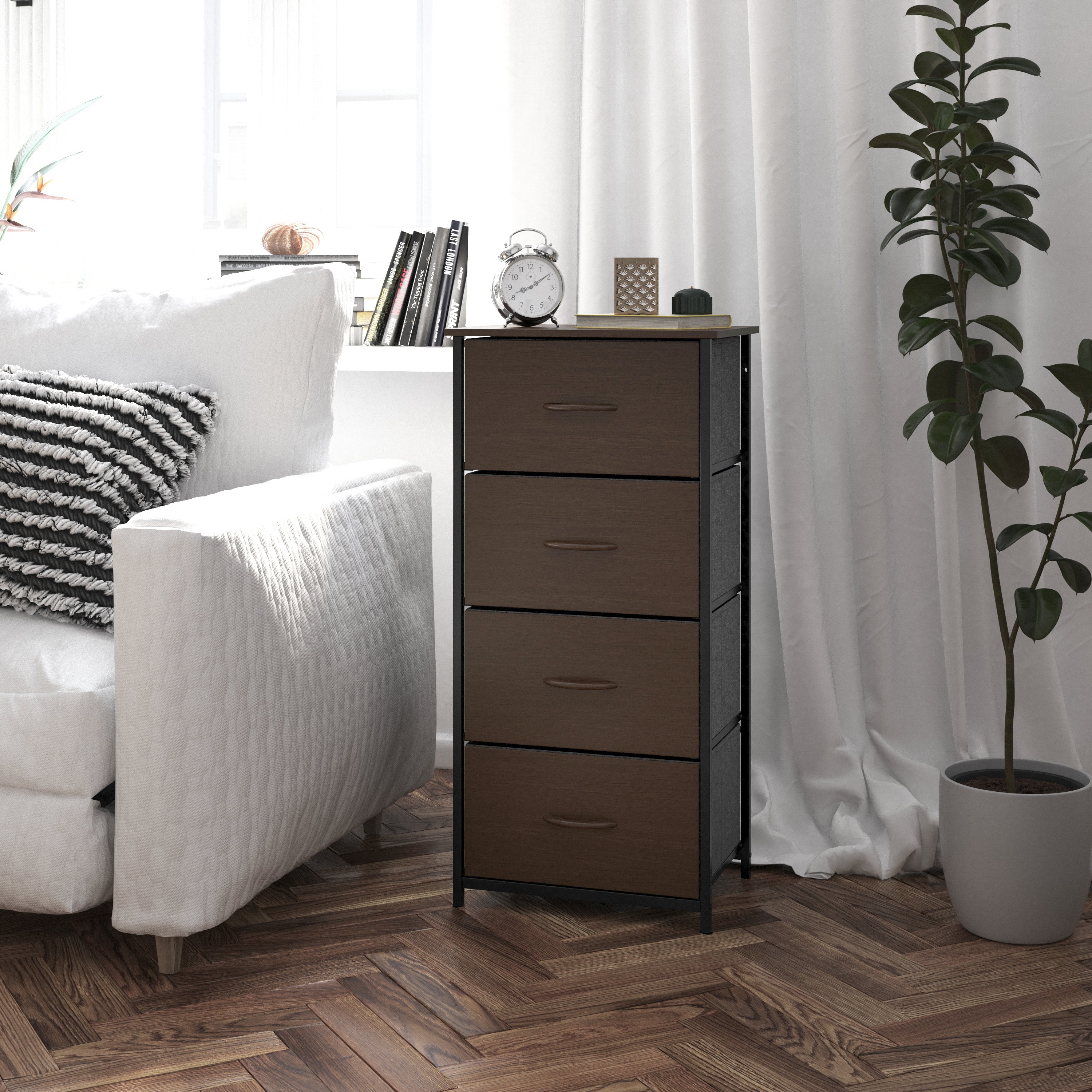 Harris 4 Drawer Storage Dresser with Black Cast Iron Frame, Brown Wood Top and Brown Easy Pull Engineered Wood Drawers with Wooden Handles