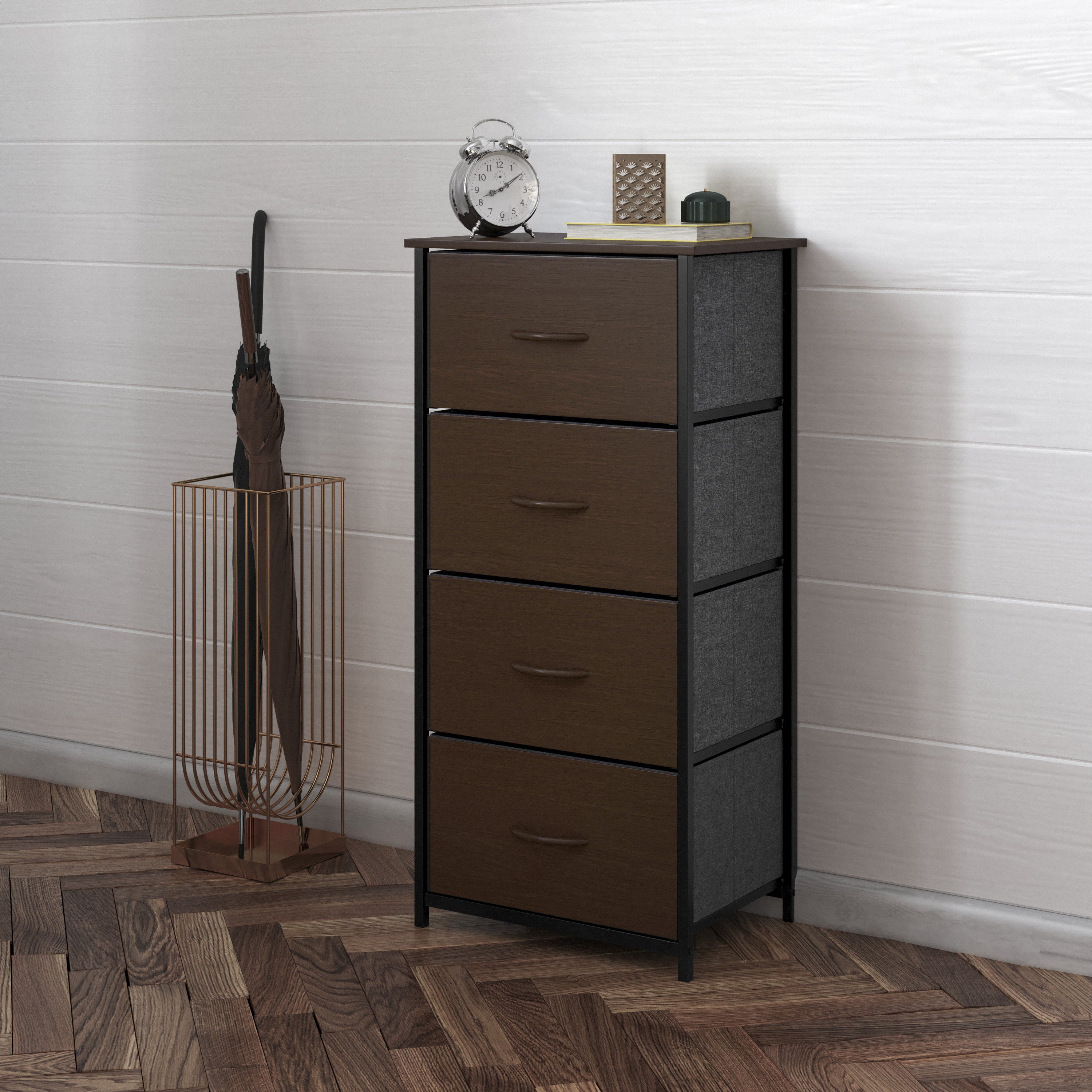 Harris 4 Drawer Storage Dresser with Black Cast Iron Frame, Brown Wood Top and Brown Easy Pull Engineered Wood Drawers with Wooden Handles