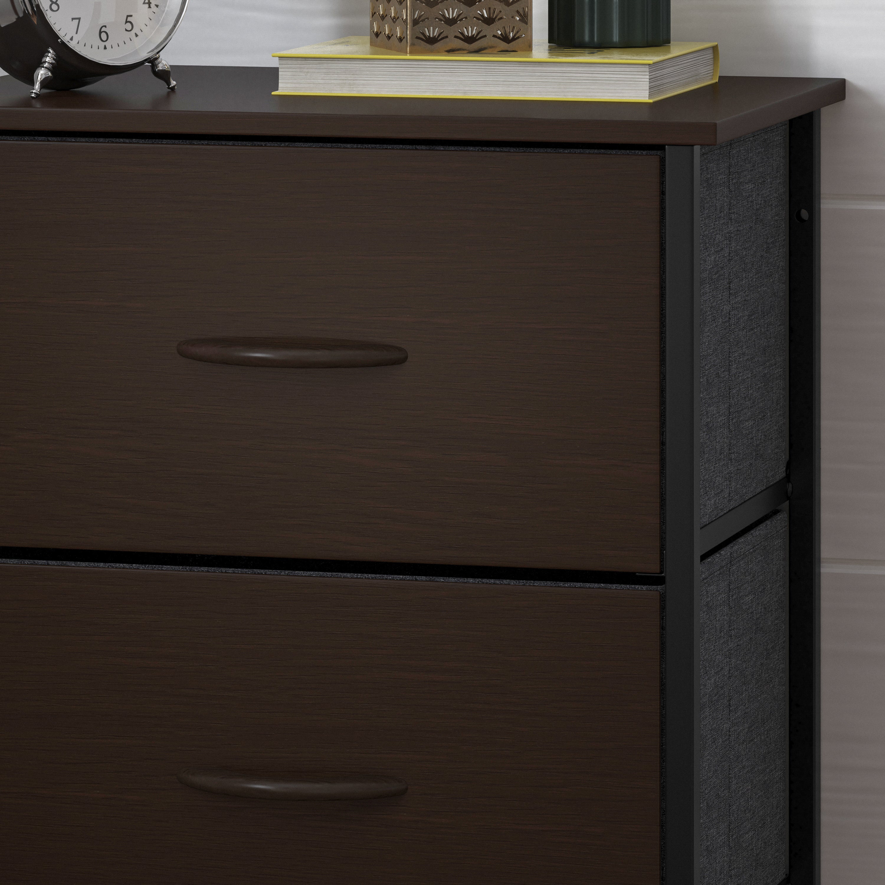 Harris 4 Drawer Storage Dresser with Black Cast Iron Frame, Brown Wood Top and Brown Easy Pull Engineered Wood Drawers with Wooden Handles
