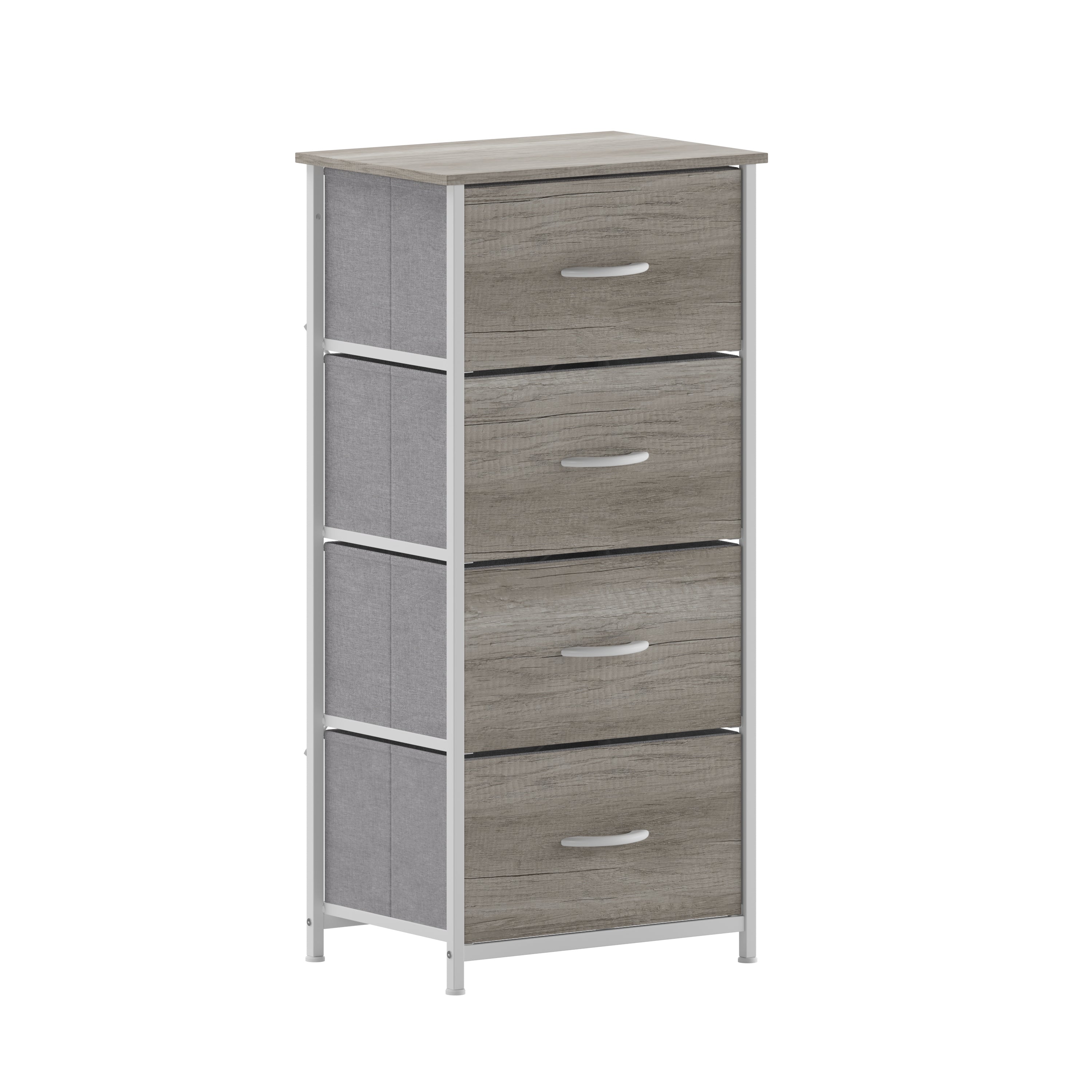 Harris 4 Drawer Storage Dresser with White Cast Iron Frame, Light Natural Wood Top and Easy Pull Engineered Wood Drawers, and White Wooden Handles
