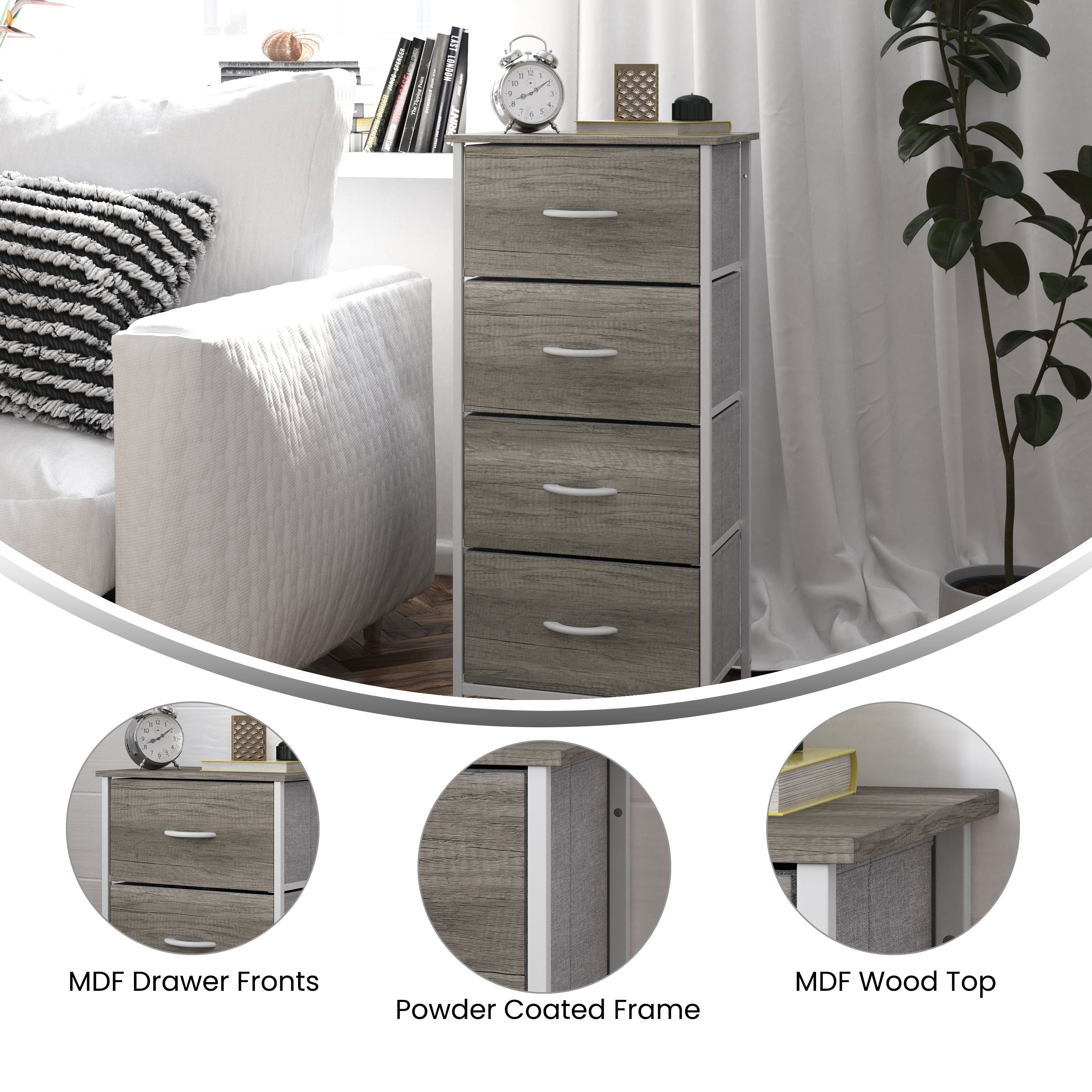 Harris 4 Drawer Storage Dresser with White Cast Iron Frame, Light Natural Wood Top and Easy Pull Engineered Wood Drawers, and White Wooden Handles