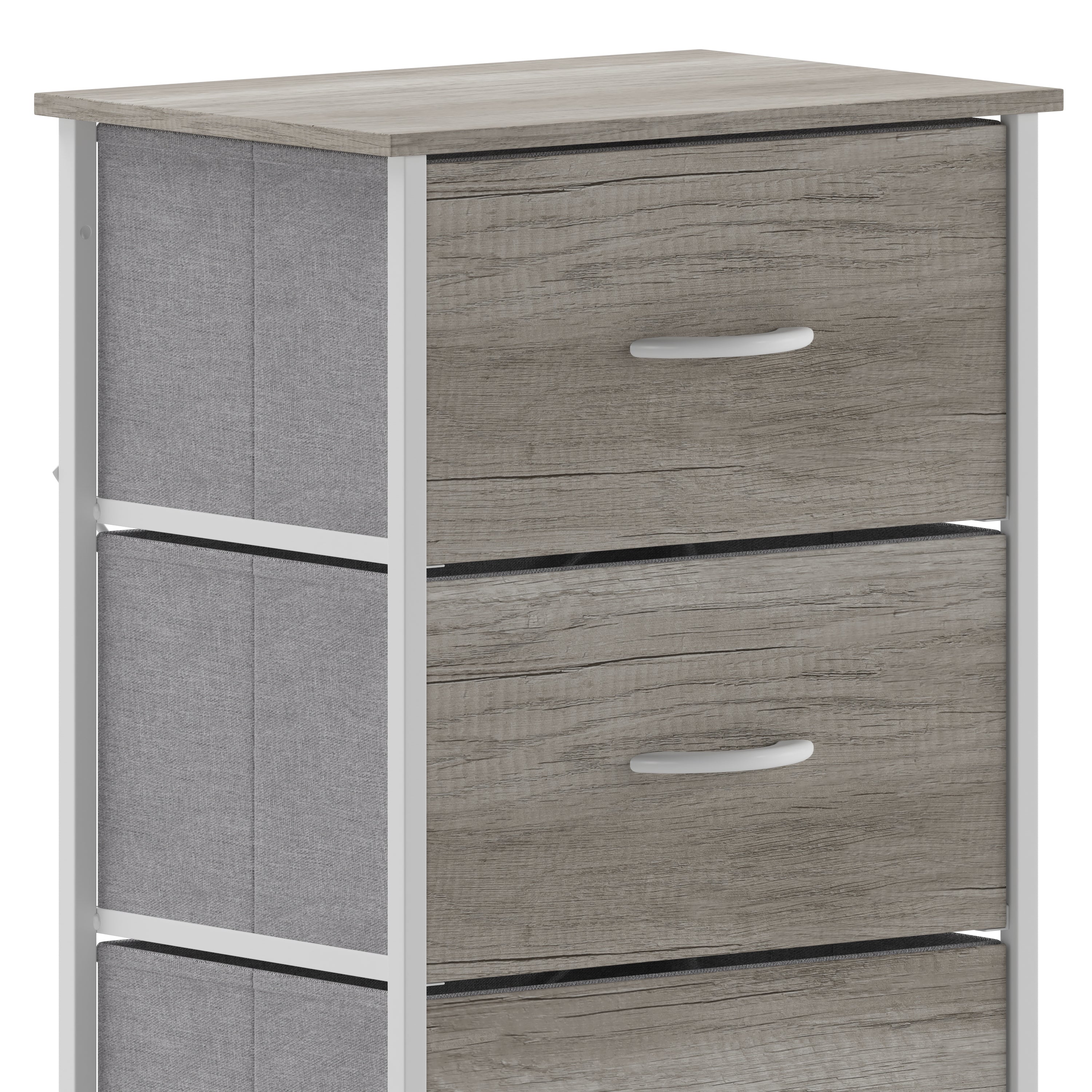 Harris 4 Drawer Storage Dresser with White Cast Iron Frame, Light Natural Wood Top and Easy Pull Engineered Wood Drawers, and White Wooden Handles