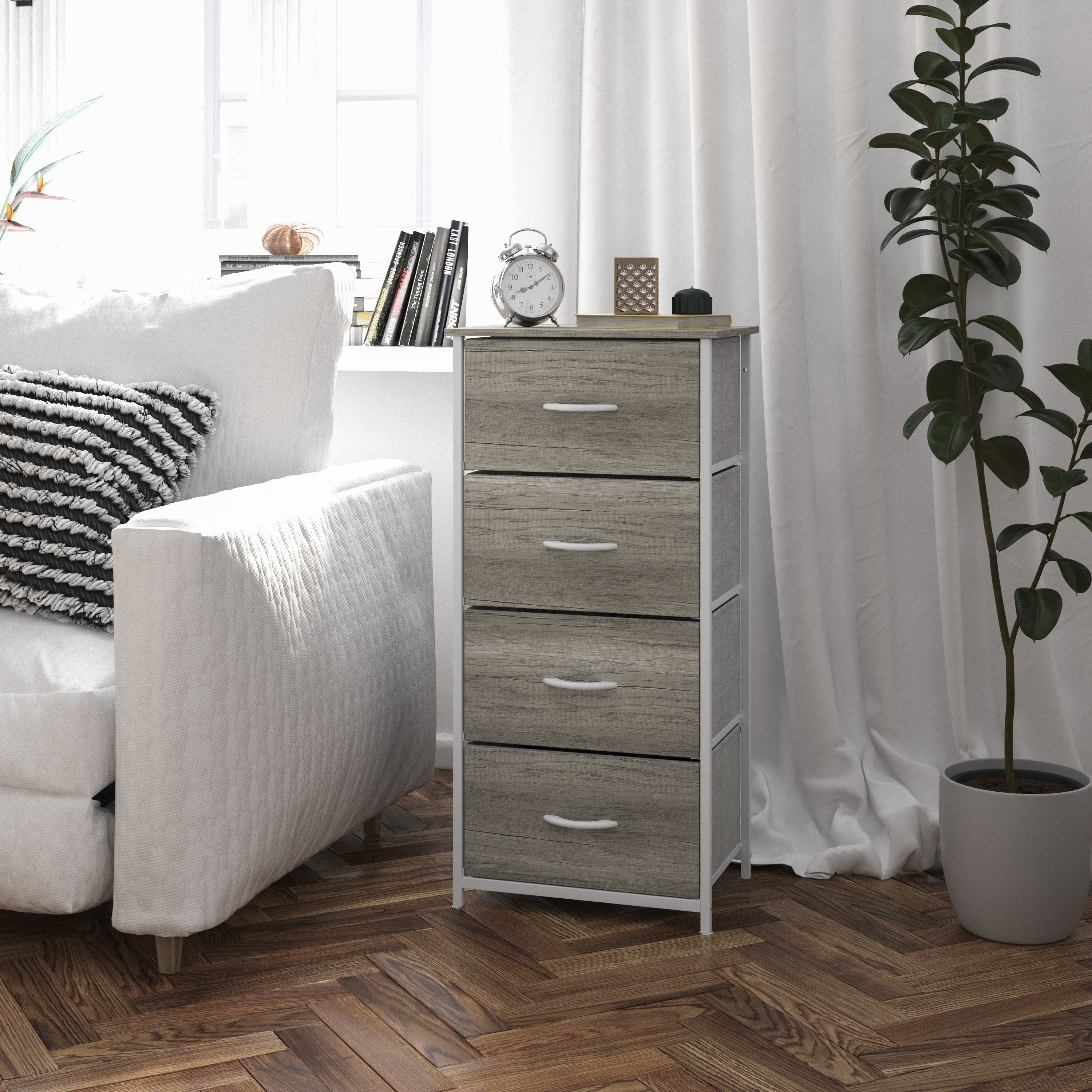 Harris 4 Drawer Storage Dresser with White Cast Iron Frame, Light Natural Wood Top and Easy Pull Engineered Wood Drawers, and White Wooden Handles