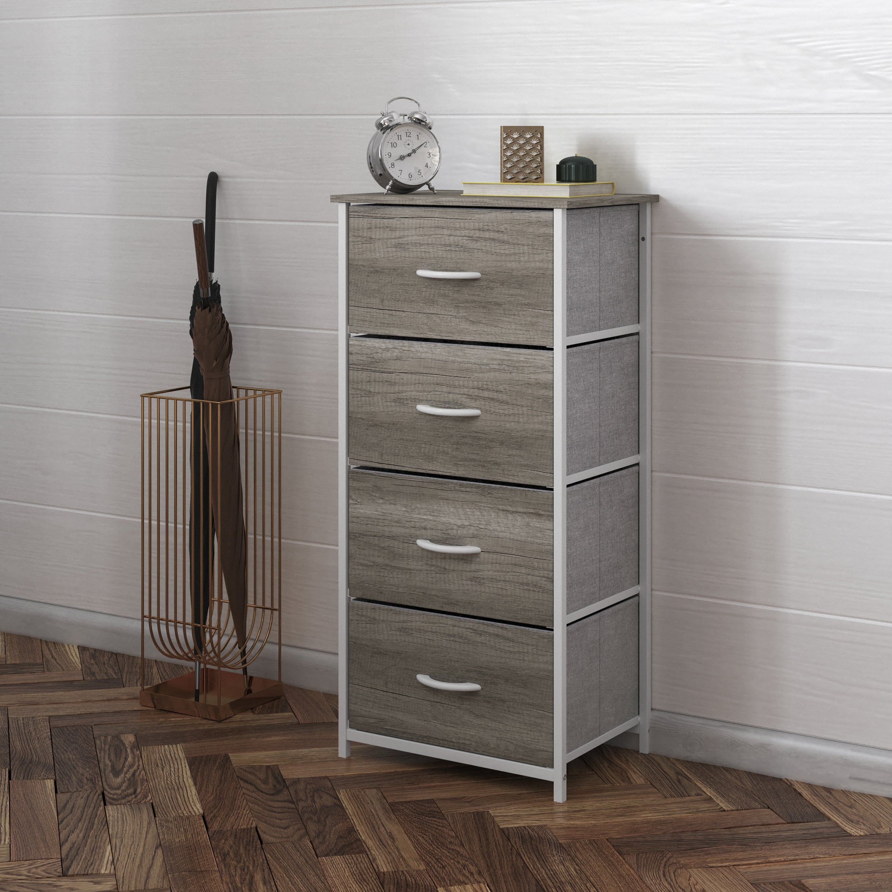 Harris 4 Drawer Storage Dresser with White Cast Iron Frame, Light Natural Wood Top and Easy Pull Engineered Wood Drawers, and White Wooden Handles