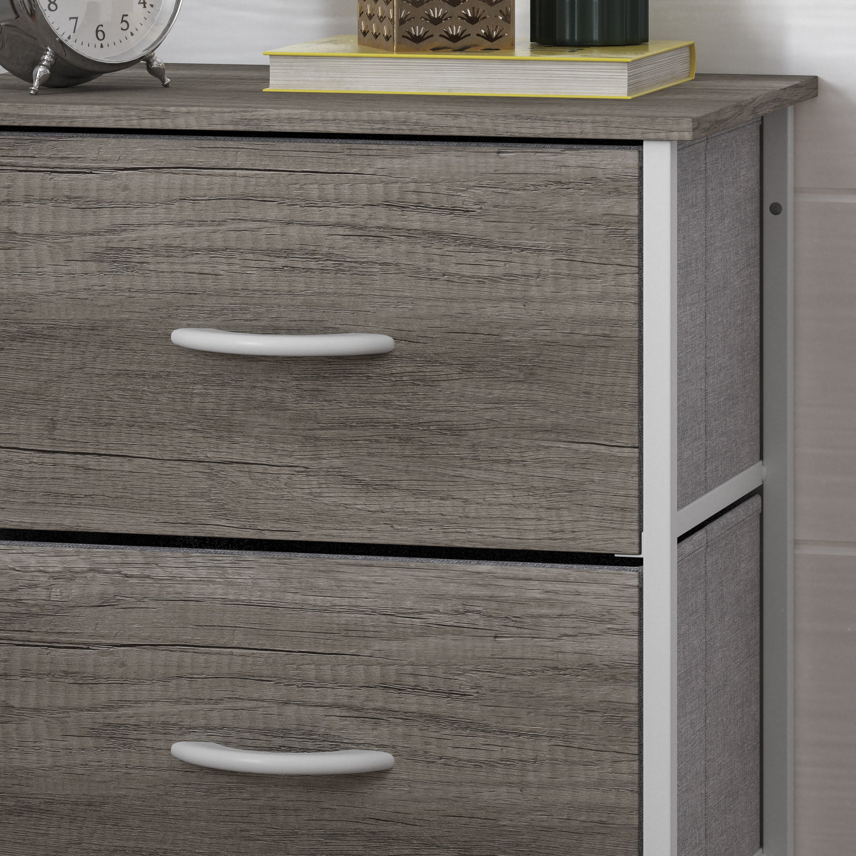 Harris 4 Drawer Storage Dresser with White Cast Iron Frame, Light Natural Wood Top and Easy Pull Engineered Wood Drawers, and White Wooden Handles