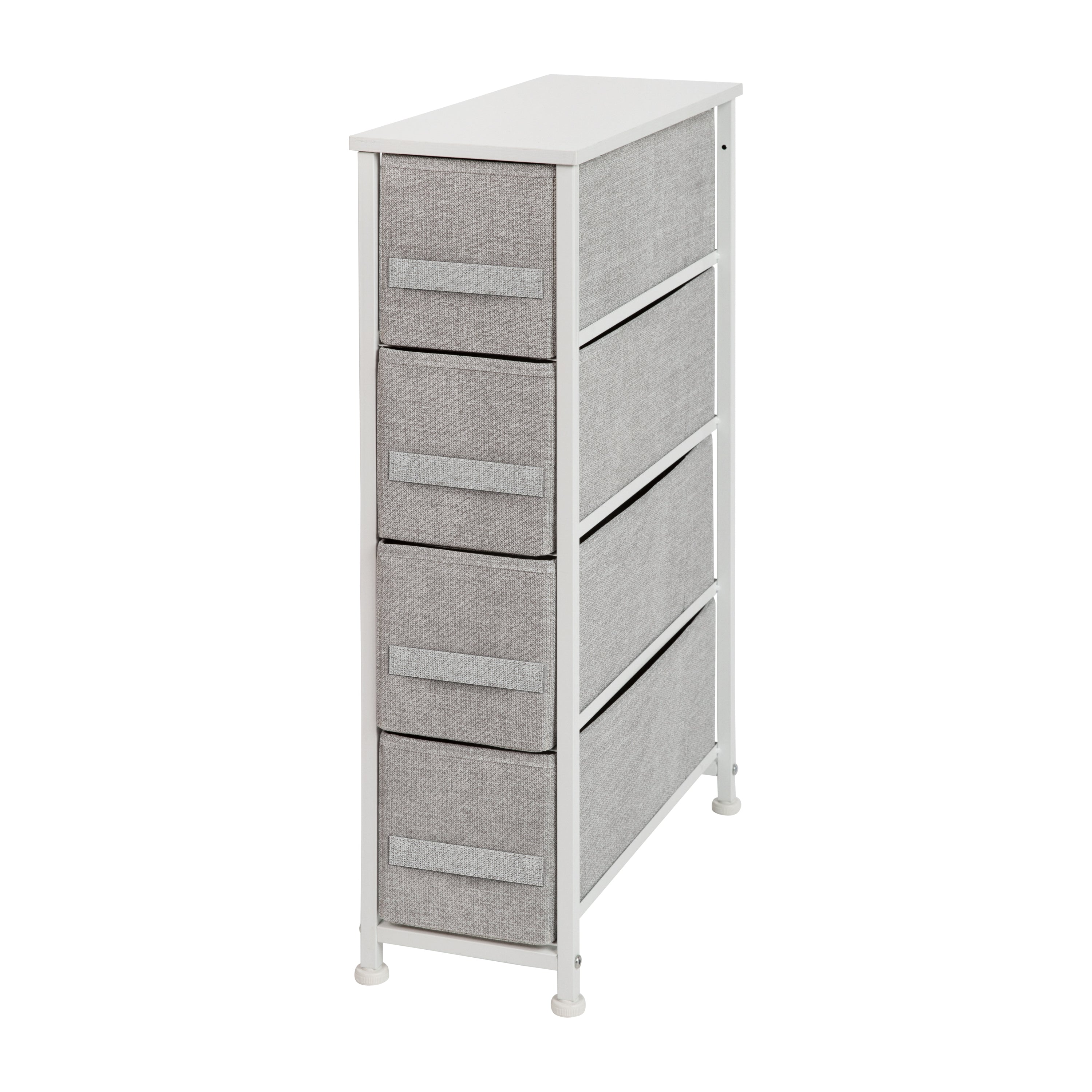 Harris 4 Drawer Slim Wood Top White Cast Iron Frame Dresser Storage Tower with Light Gray Easy Pull Fabric Drawers