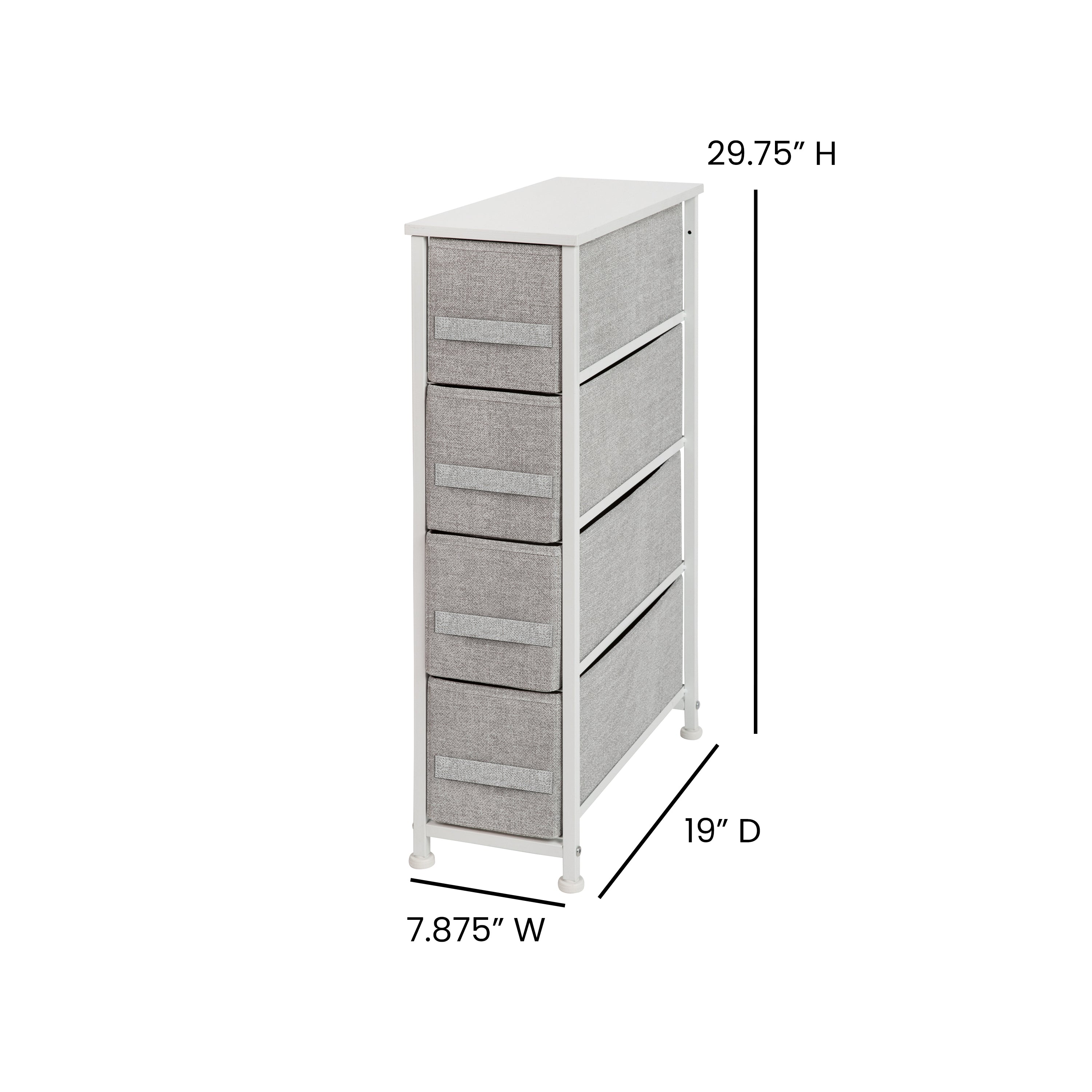Harris 4 Drawer Slim Wood Top White Cast Iron Frame Dresser Storage Tower with Light Gray Easy Pull Fabric Drawers