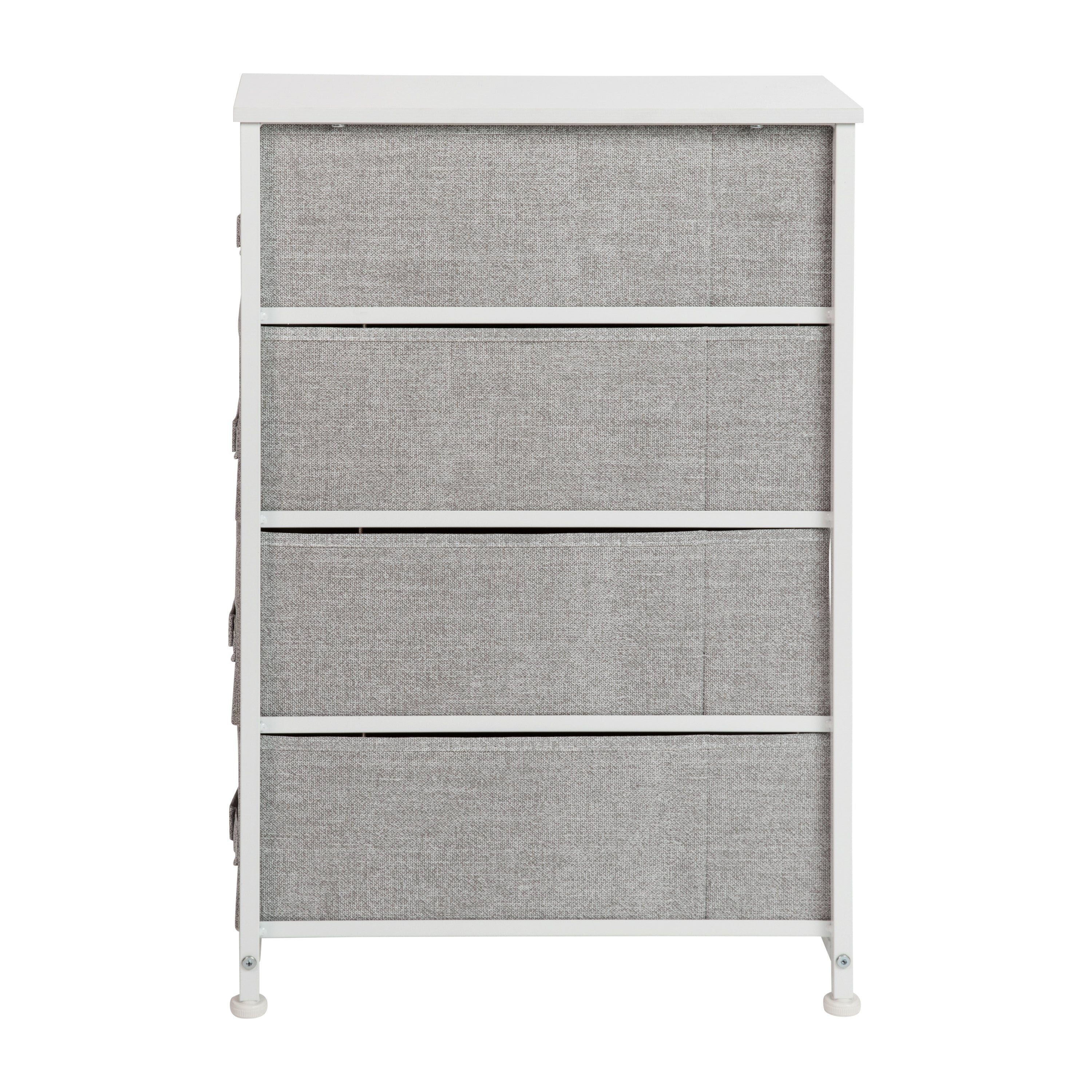 Harris 4 Drawer Slim Wood Top White Cast Iron Frame Dresser Storage Tower with Light Gray Easy Pull Fabric Drawers