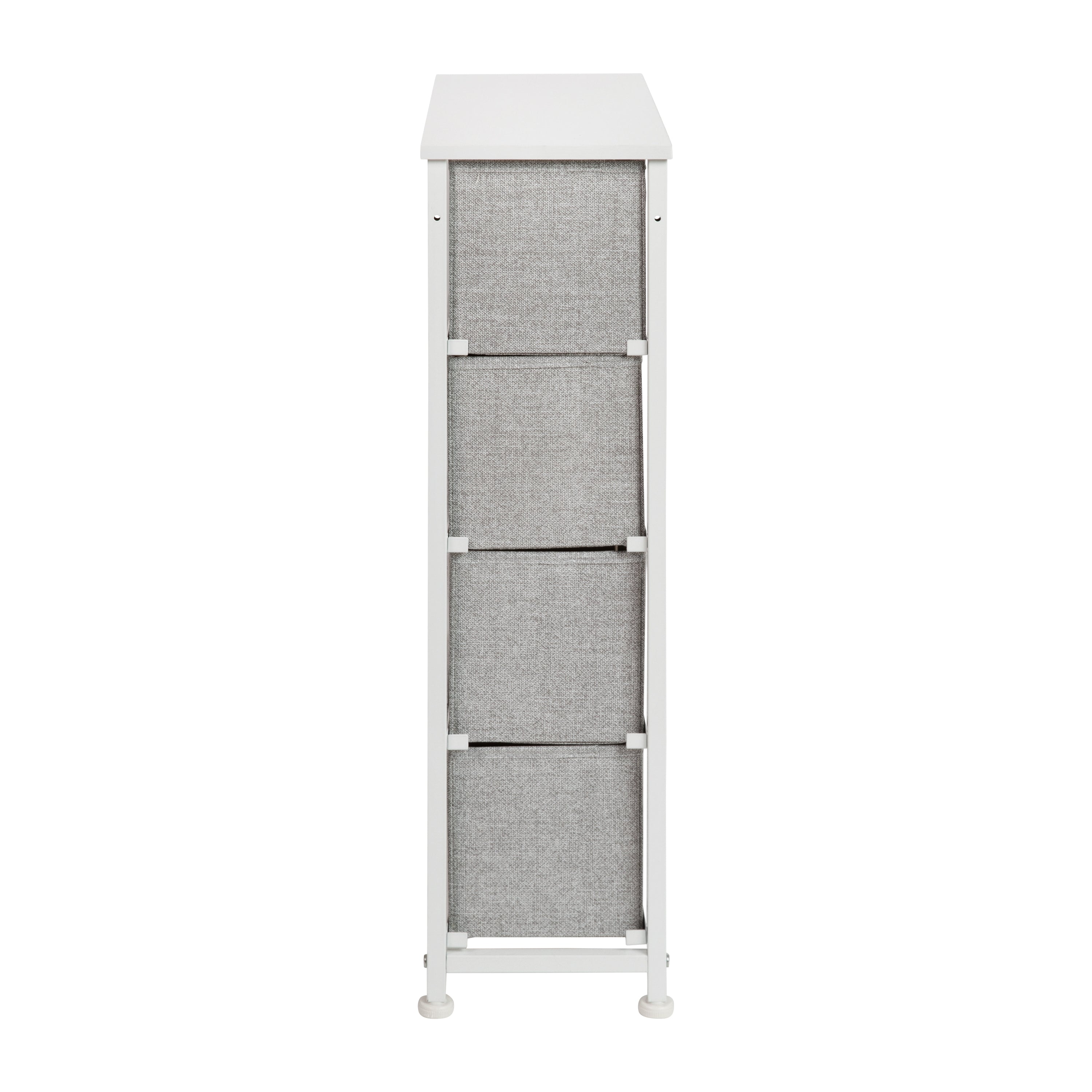 Harris 4 Drawer Slim Wood Top White Cast Iron Frame Dresser Storage Tower with Light Gray Easy Pull Fabric Drawers