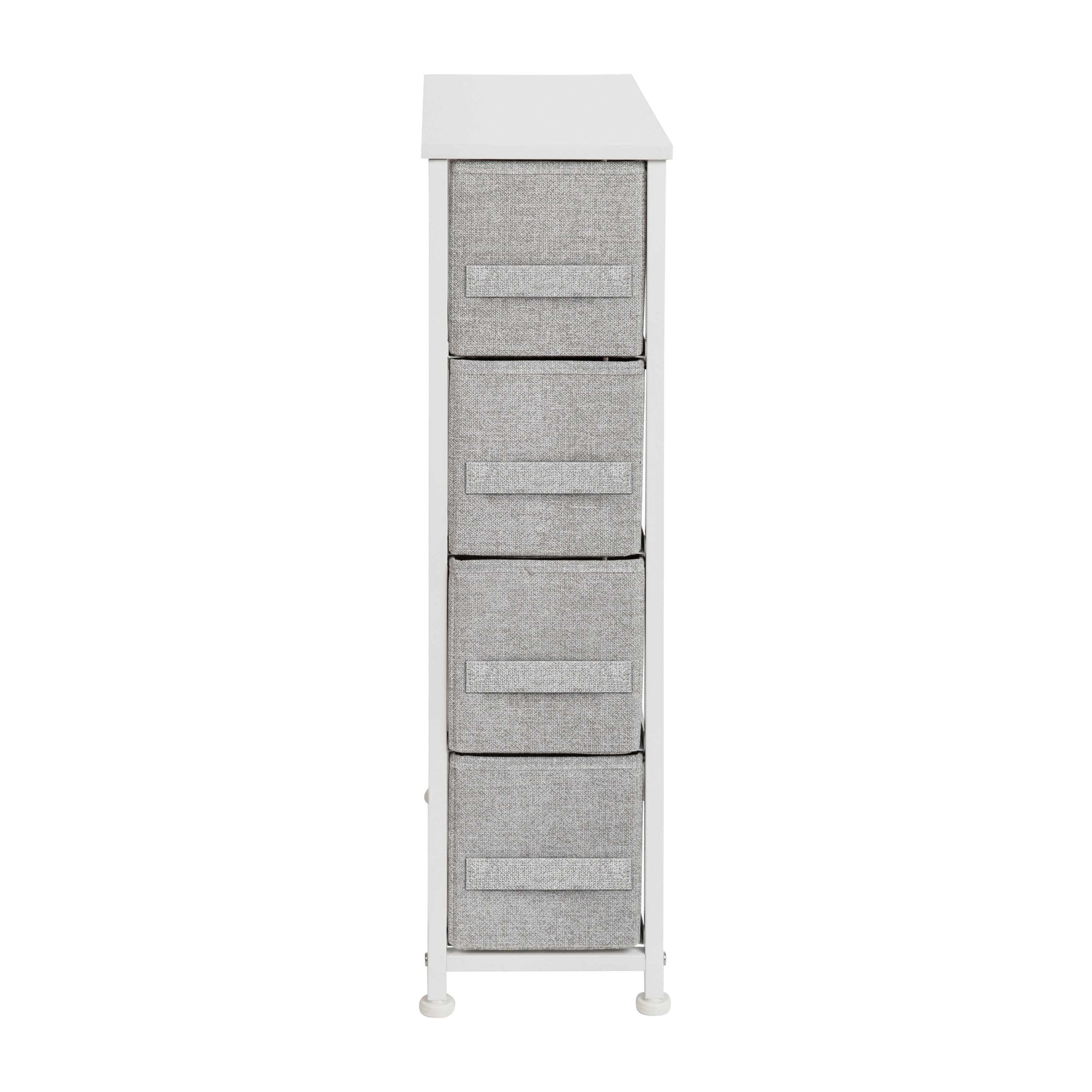 Harris 4 Drawer Slim Wood Top White Cast Iron Frame Dresser Storage Tower with Light Gray Easy Pull Fabric Drawers