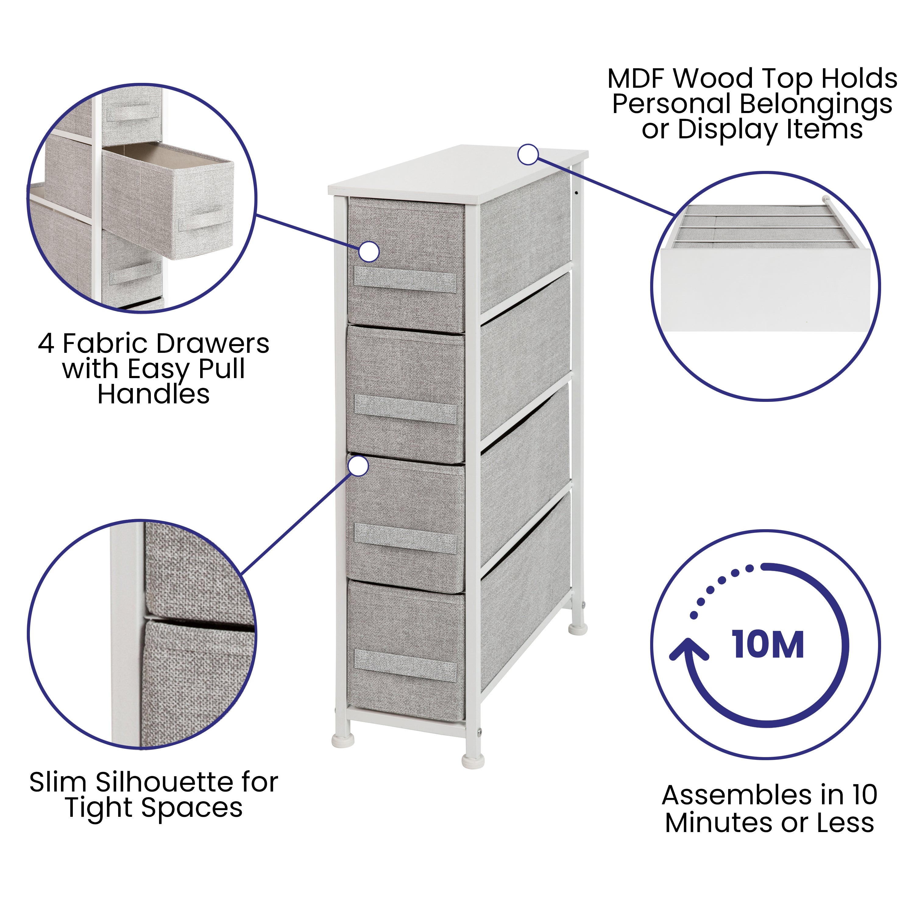 Harris 4 Drawer Slim Wood Top White Cast Iron Frame Dresser Storage Tower with Light Gray Easy Pull Fabric Drawers