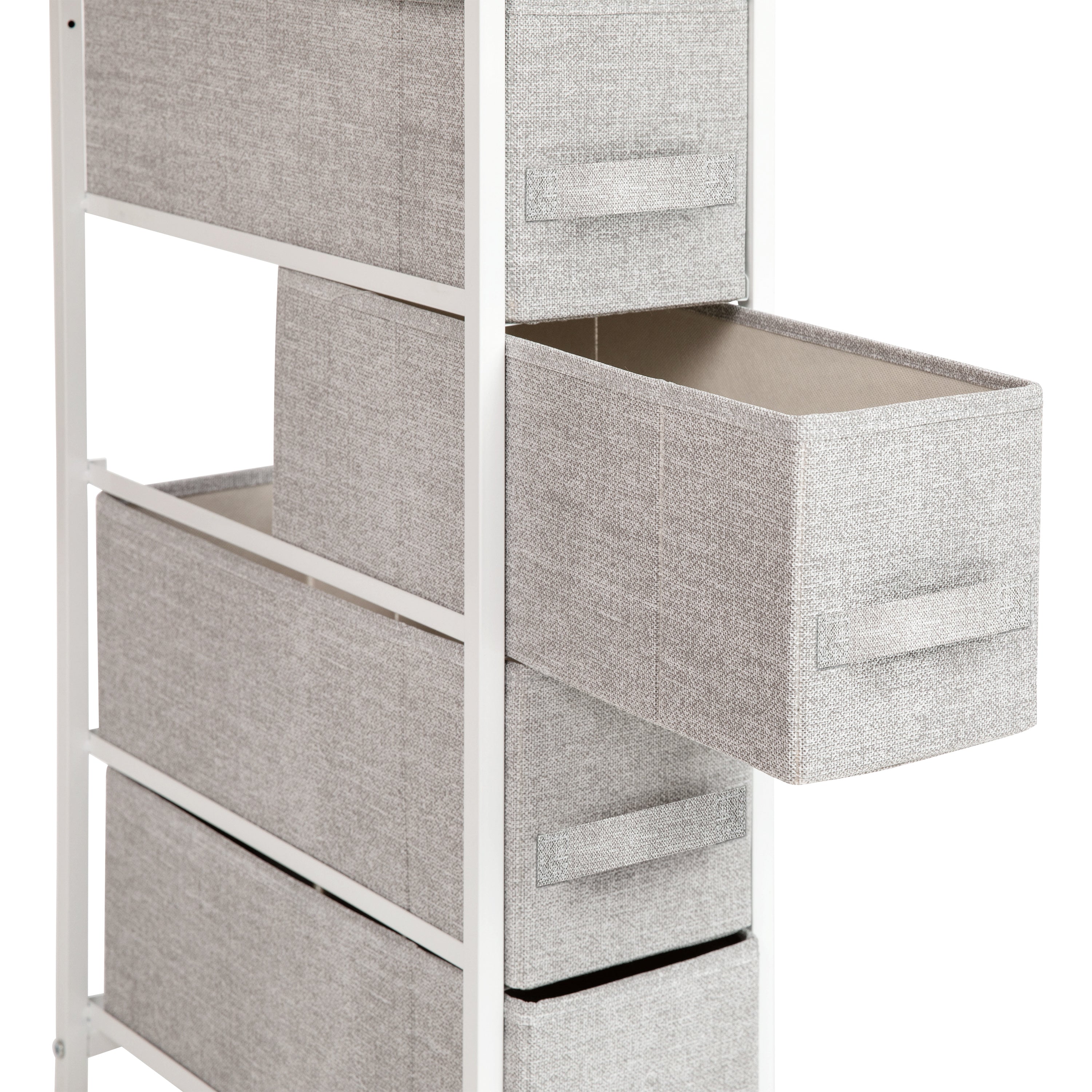 Harris 4 Drawer Slim Wood Top White Cast Iron Frame Dresser Storage Tower with Light Gray Easy Pull Fabric Drawers