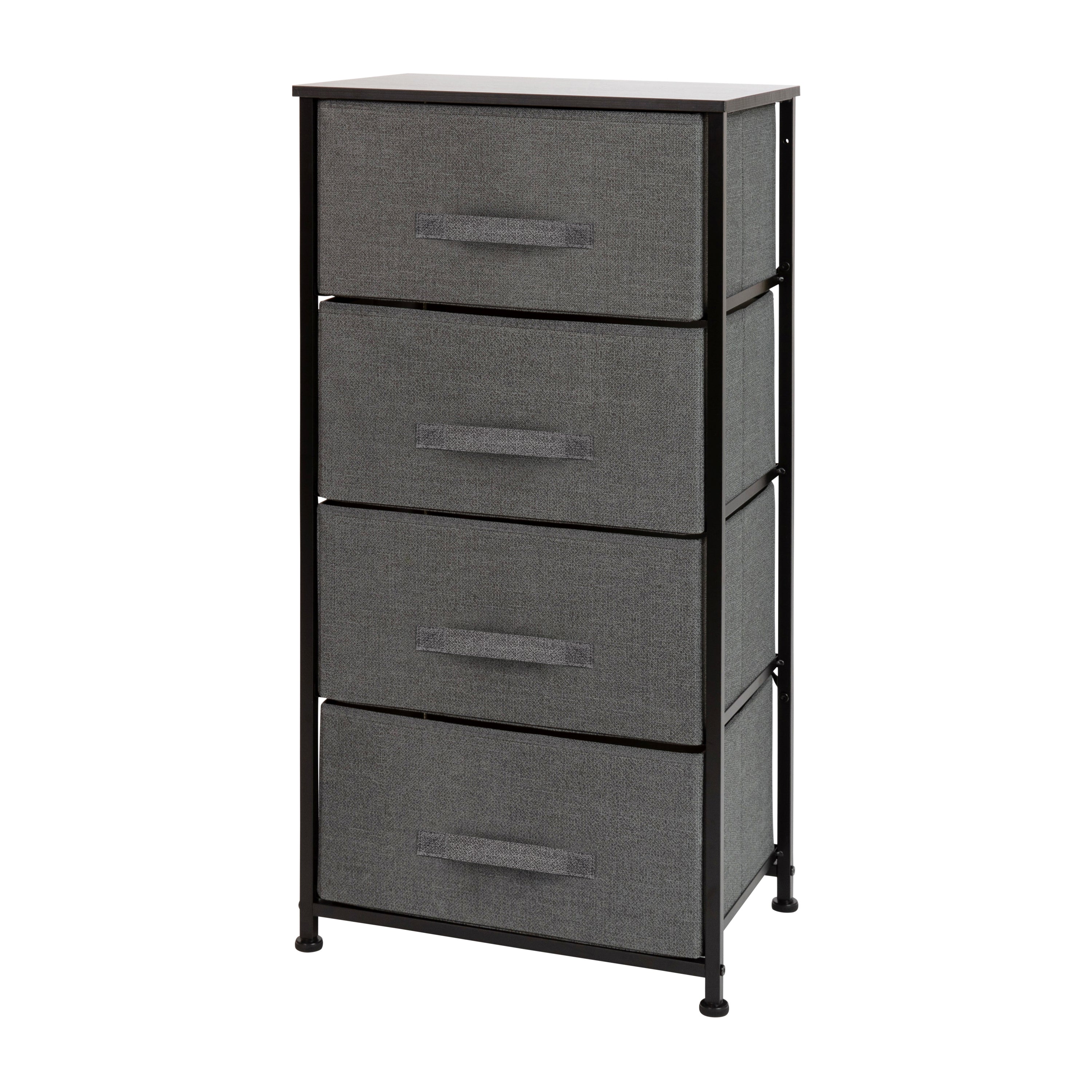 Harris 4 Drawer Wood Top Black Cast Iron Frame Vertical Storage Dresser with Dark Gray Easy Pull Fabric Drawers