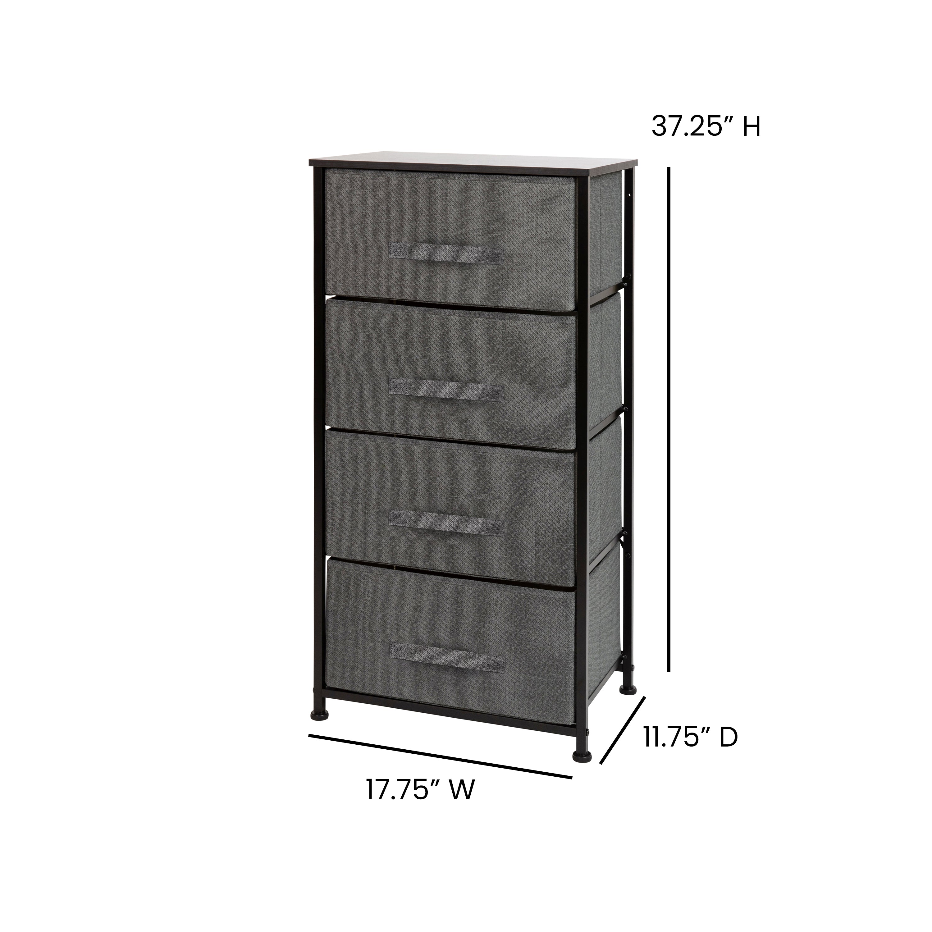 Harris 4 Drawer Wood Top Black Cast Iron Frame Vertical Storage Dresser with Dark Gray Easy Pull Fabric Drawers