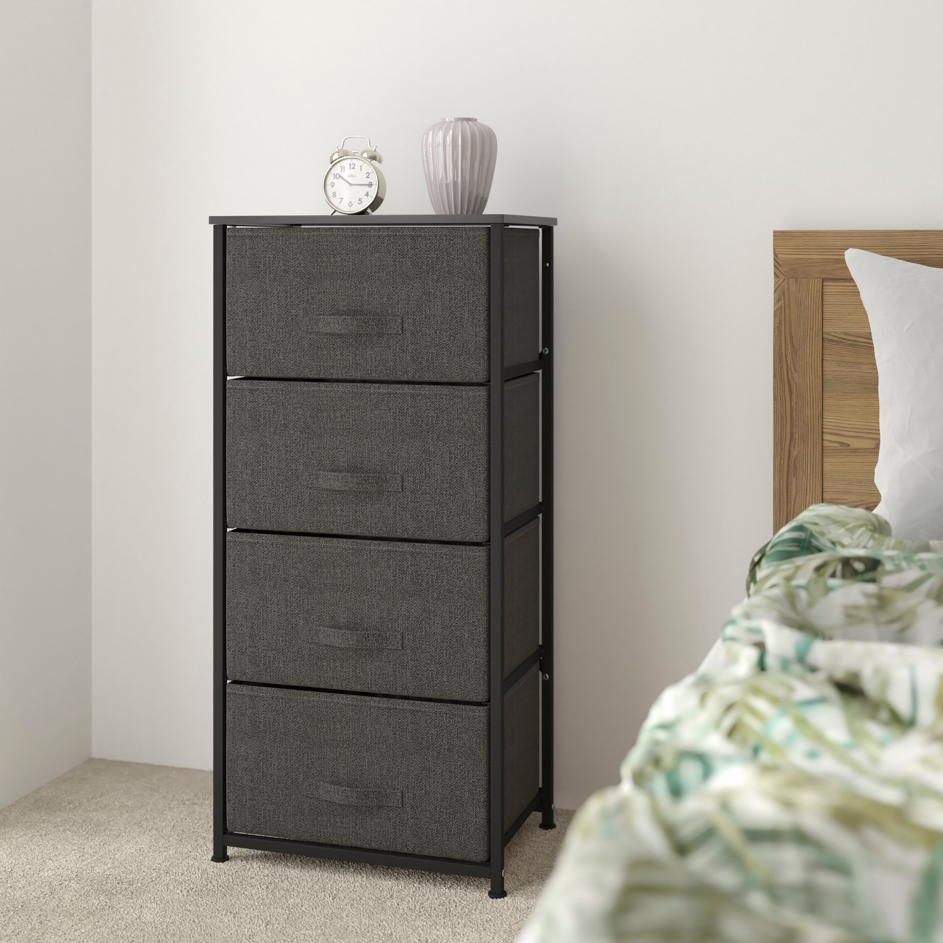 Harris 4 Drawer Wood Top Black Cast Iron Frame Vertical Storage Dresser with Dark Gray Easy Pull Fabric Drawers