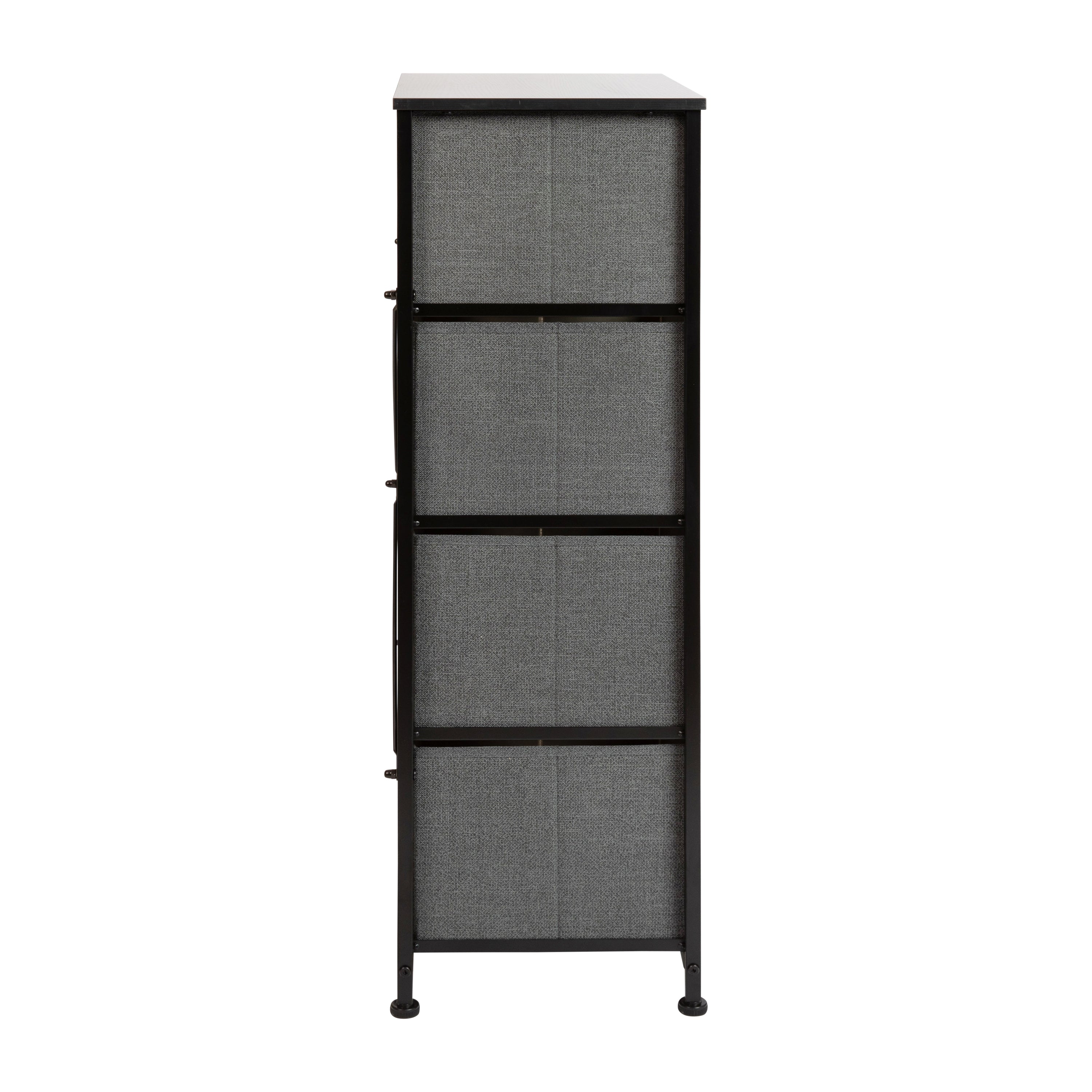 Harris 4 Drawer Wood Top Black Cast Iron Frame Vertical Storage Dresser with Dark Gray Easy Pull Fabric Drawers