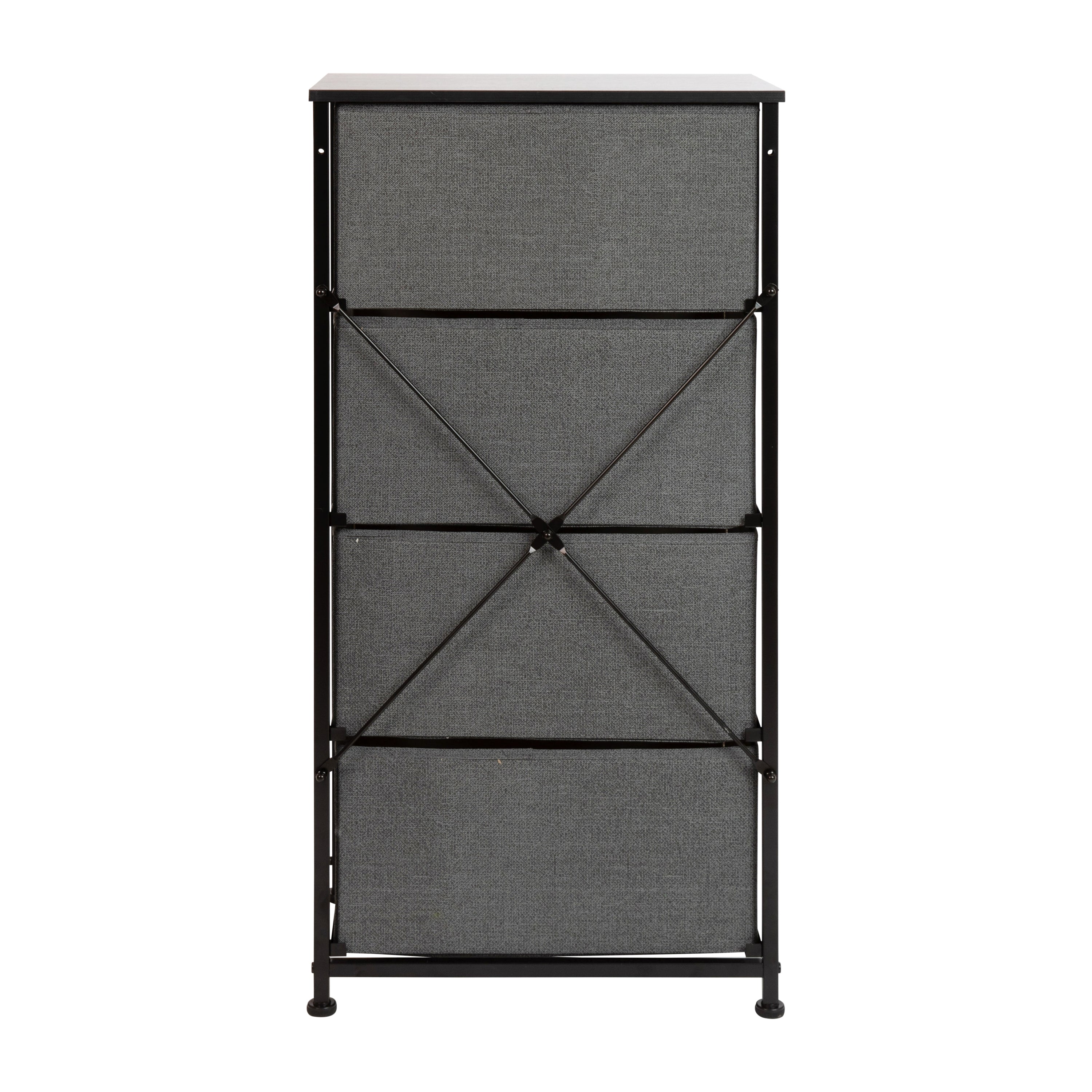 Harris 4 Drawer Wood Top Black Cast Iron Frame Vertical Storage Dresser with Dark Gray Easy Pull Fabric Drawers