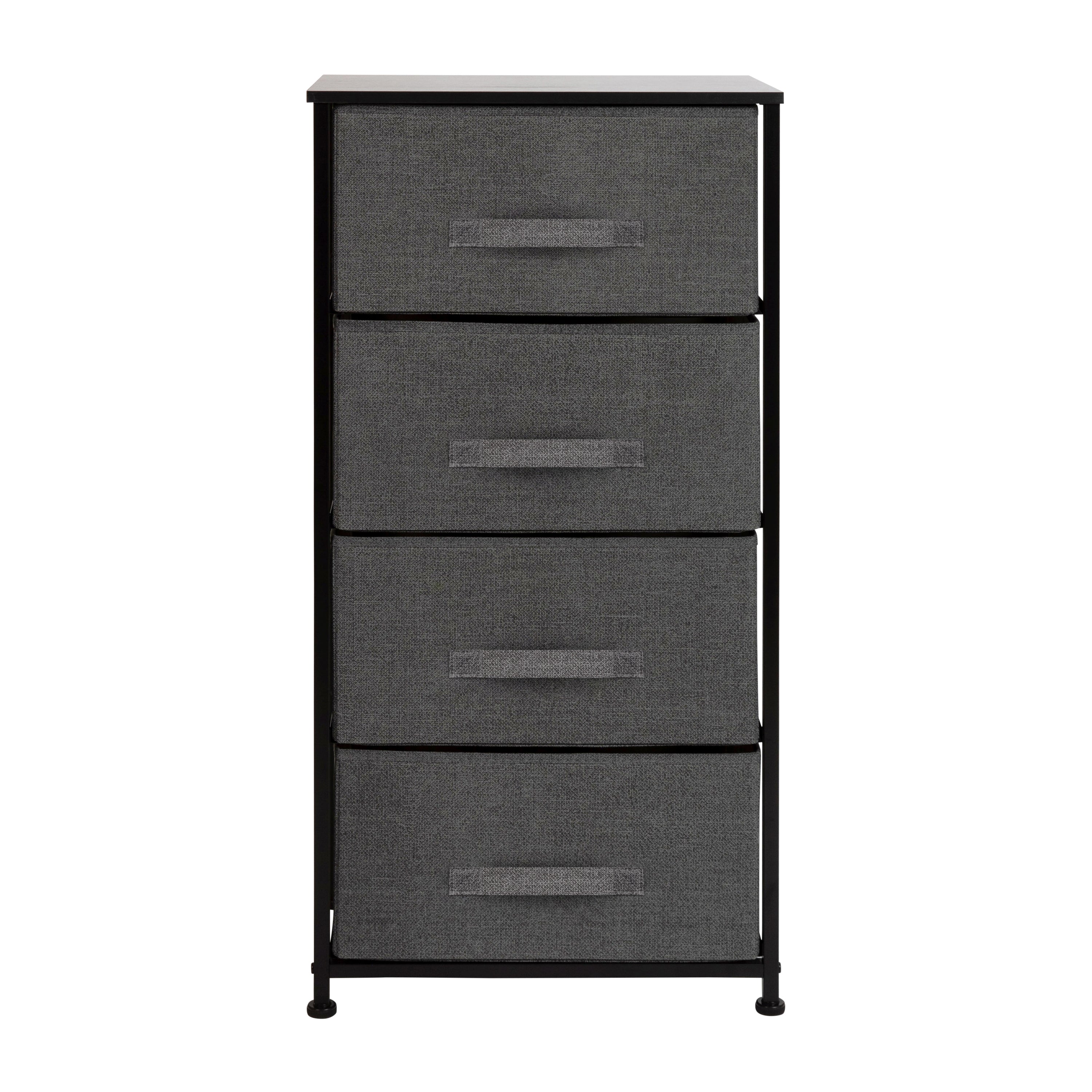 Harris 4 Drawer Wood Top Black Cast Iron Frame Vertical Storage Dresser with Dark Gray Easy Pull Fabric Drawers