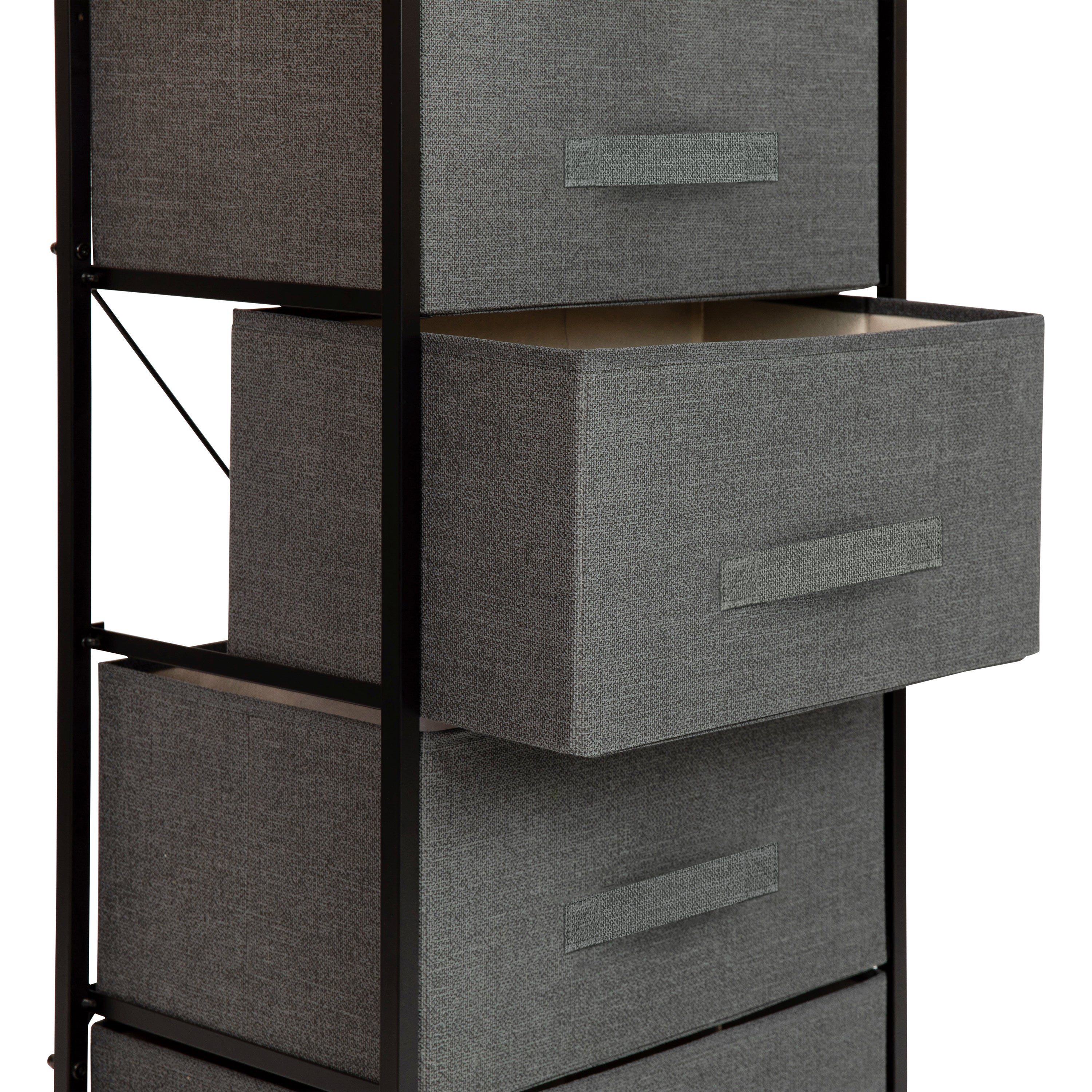 Harris 4 Drawer Wood Top Black Cast Iron Frame Vertical Storage Dresser with Dark Gray Easy Pull Fabric Drawers