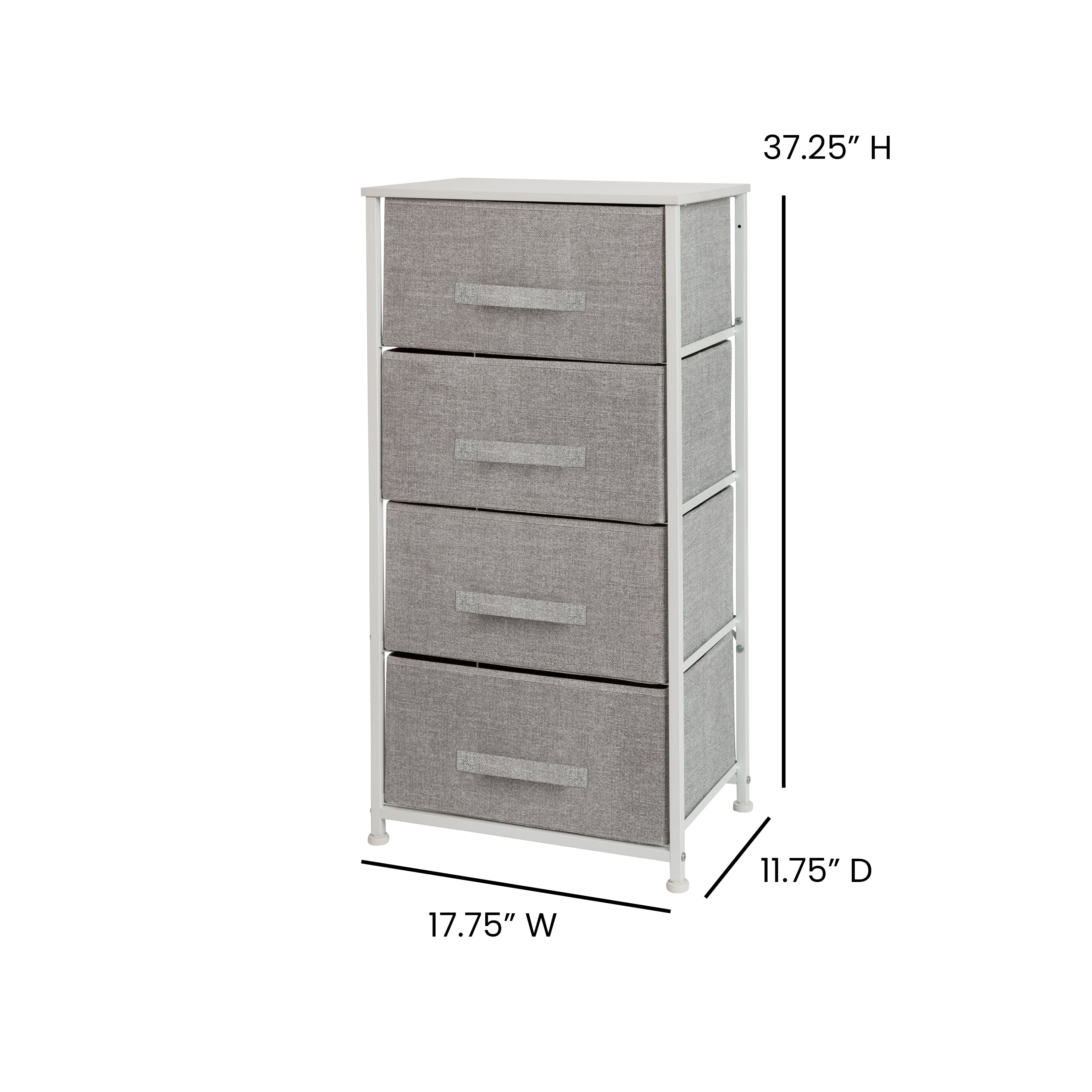 Harris 4 Drawer Wood Top White Cast Iron Frame Vertical Storage Dresser with Light Gray Easy Pull Fabric Drawers