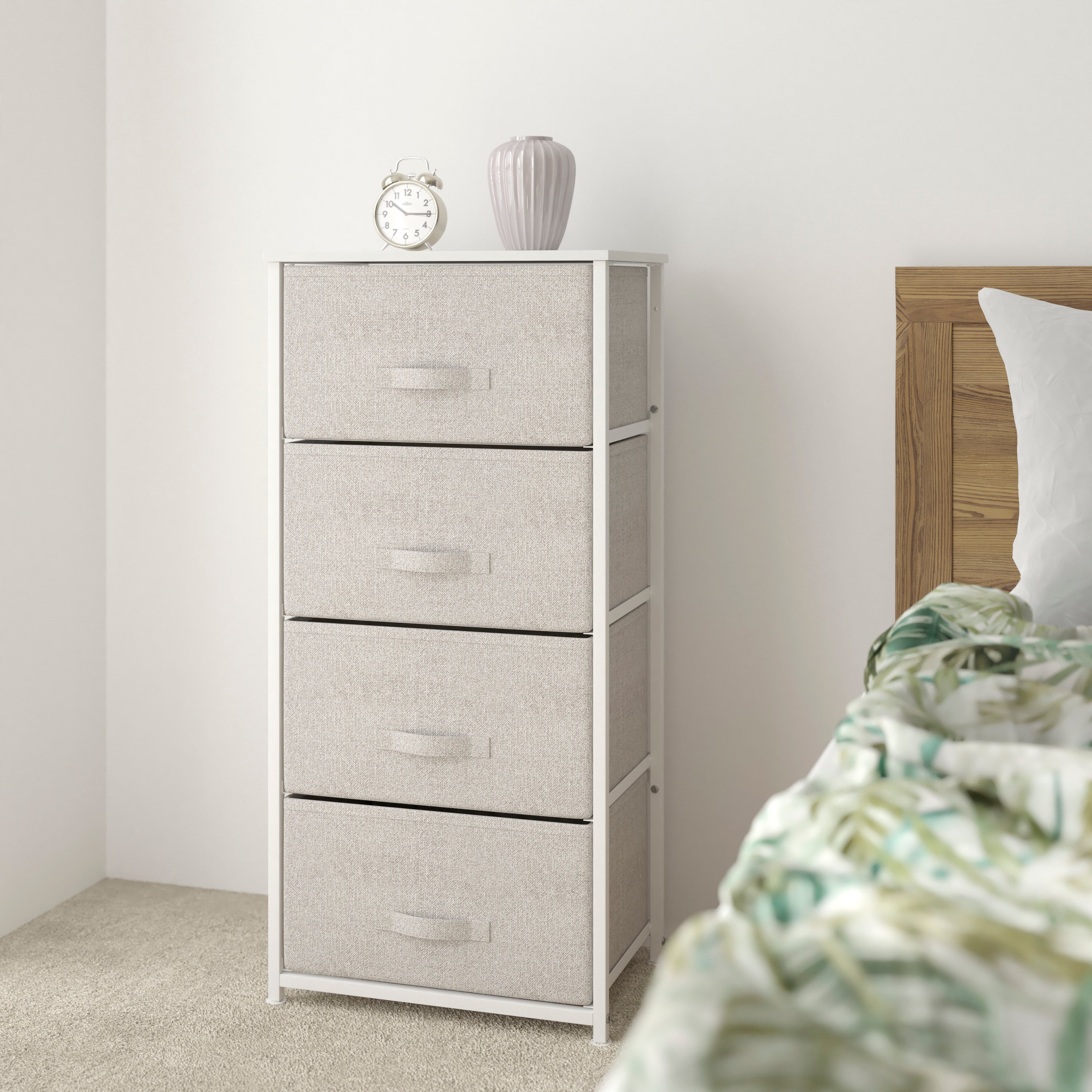 Harris 4 Drawer Wood Top White Cast Iron Frame Vertical Storage Dresser with Light Gray Easy Pull Fabric Drawers