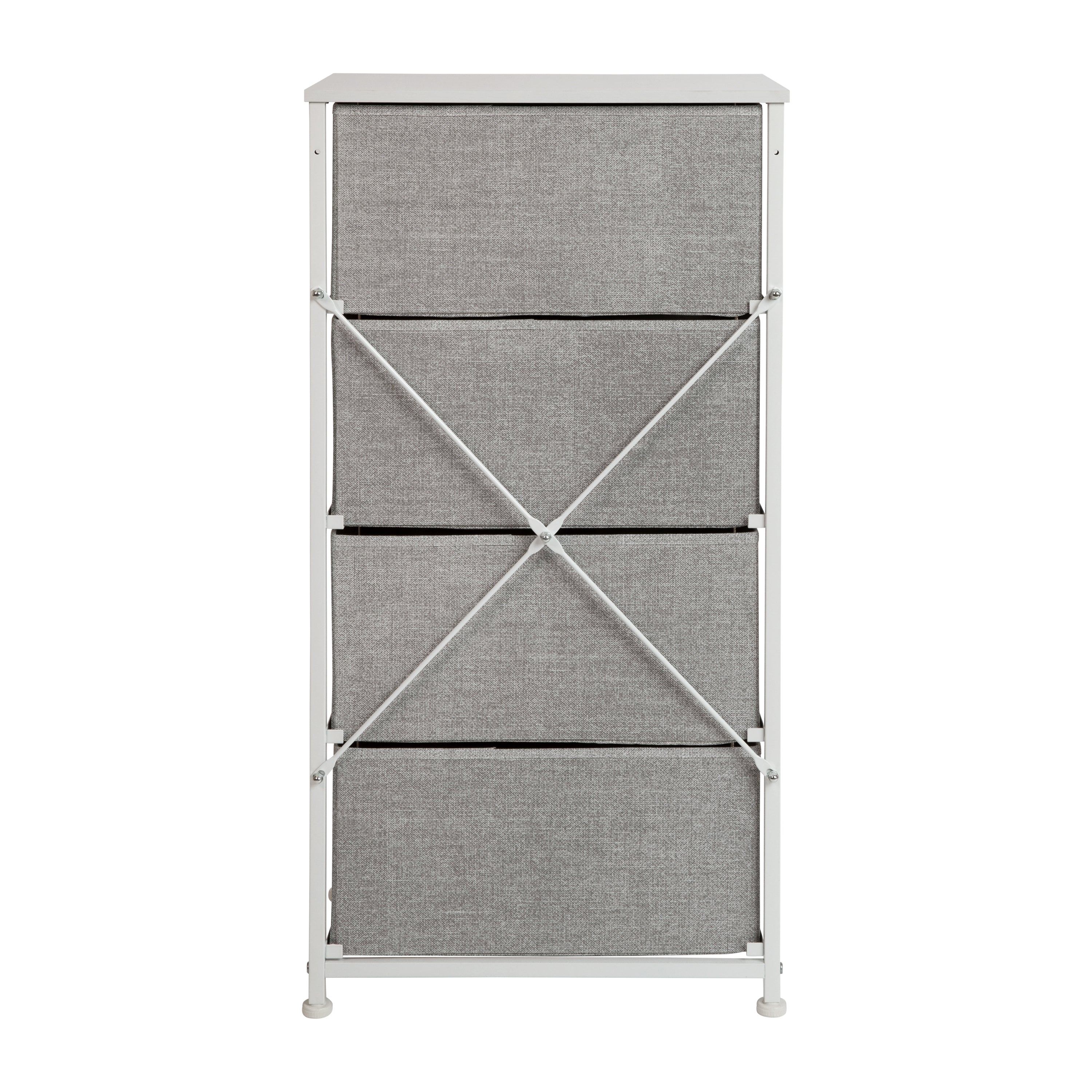 Harris 4 Drawer Wood Top White Cast Iron Frame Vertical Storage Dresser with Light Gray Easy Pull Fabric Drawers