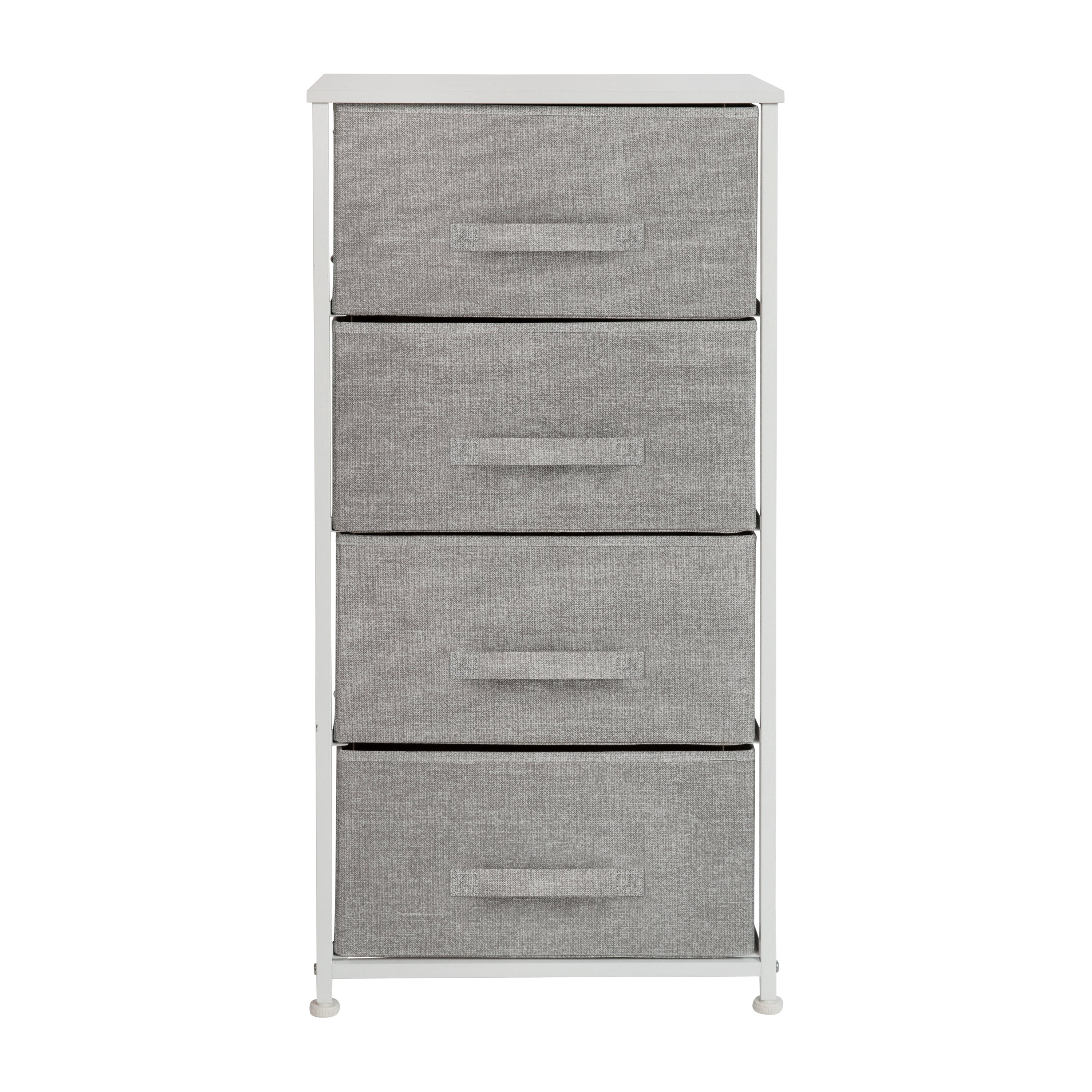 Harris 4 Drawer Wood Top White Cast Iron Frame Vertical Storage Dresser with Light Gray Easy Pull Fabric Drawers