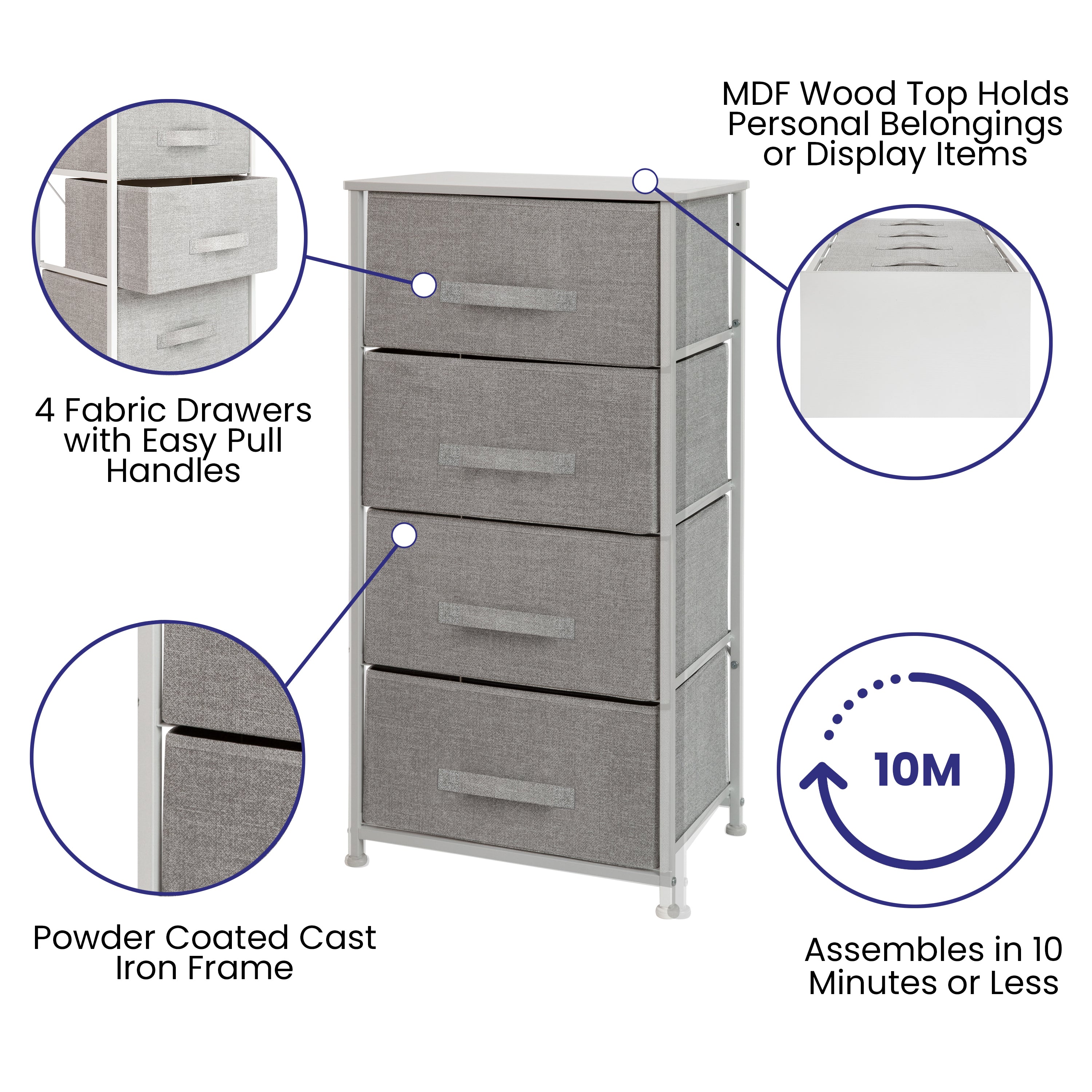 Harris 4 Drawer Wood Top White Cast Iron Frame Vertical Storage Dresser with Light Gray Easy Pull Fabric Drawers