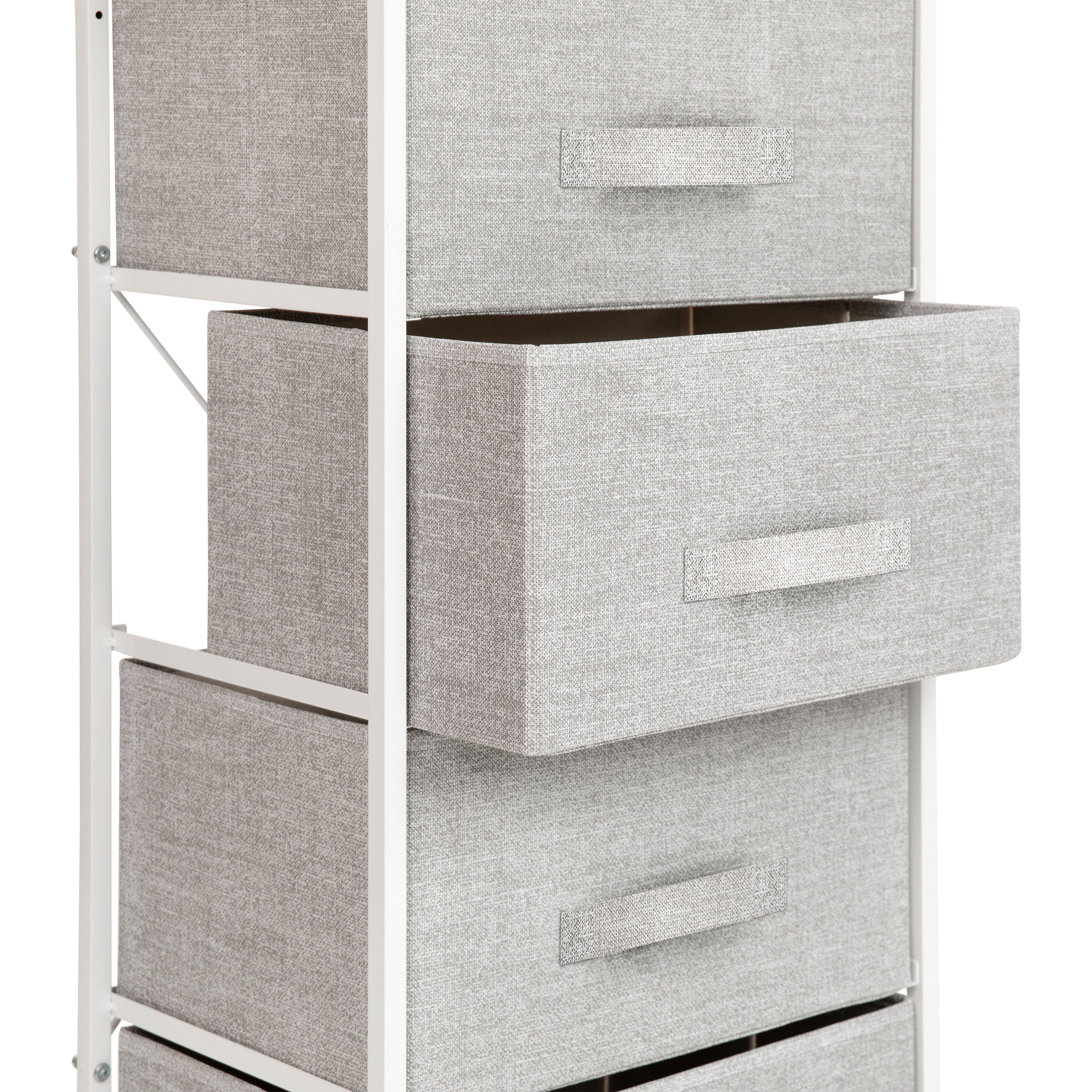 Harris 4 Drawer Wood Top White Cast Iron Frame Vertical Storage Dresser with Light Gray Easy Pull Fabric Drawers