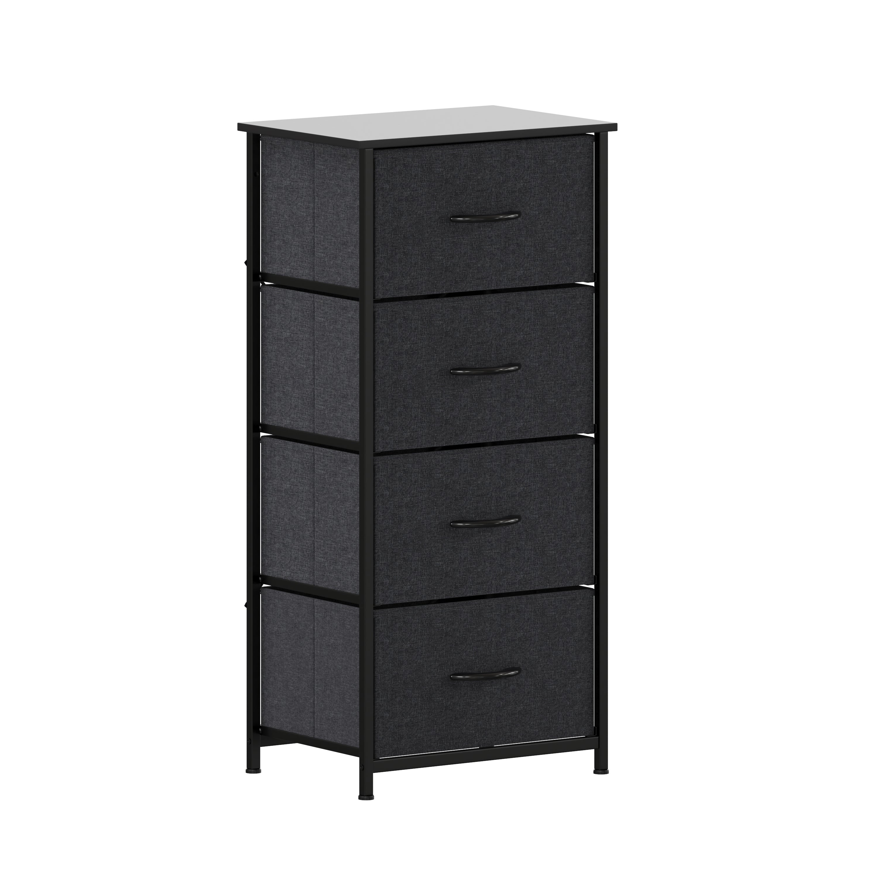 Harris 4 Drawer Vertical Storage Dresser with Black Cast Iron Frame and Wood Top and Black Easy Pull Fabric Drawers with Wooden Handles