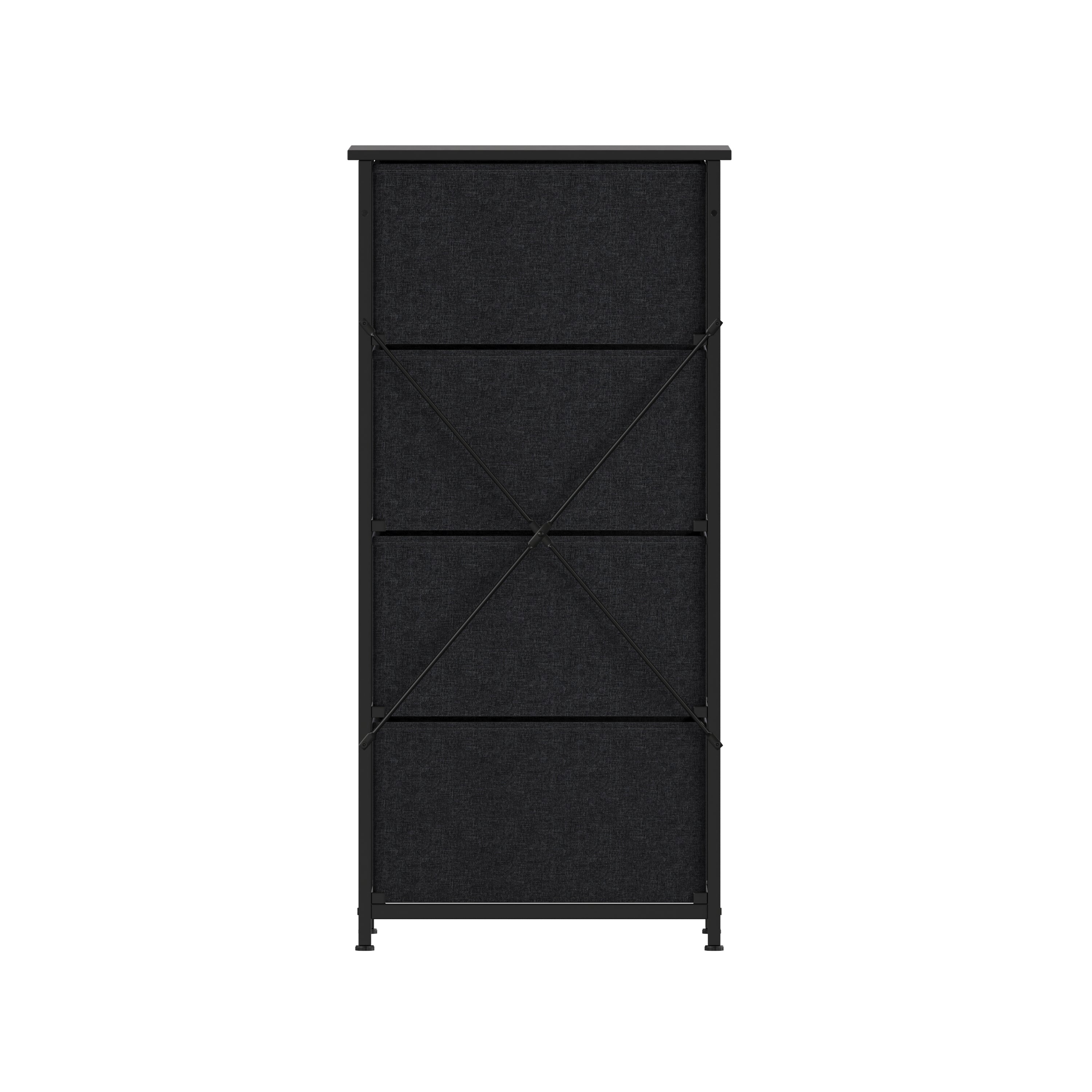 Harris 4 Drawer Vertical Storage Dresser with Black Cast Iron Frame and Wood Top and Black Easy Pull Fabric Drawers with Wooden Handles