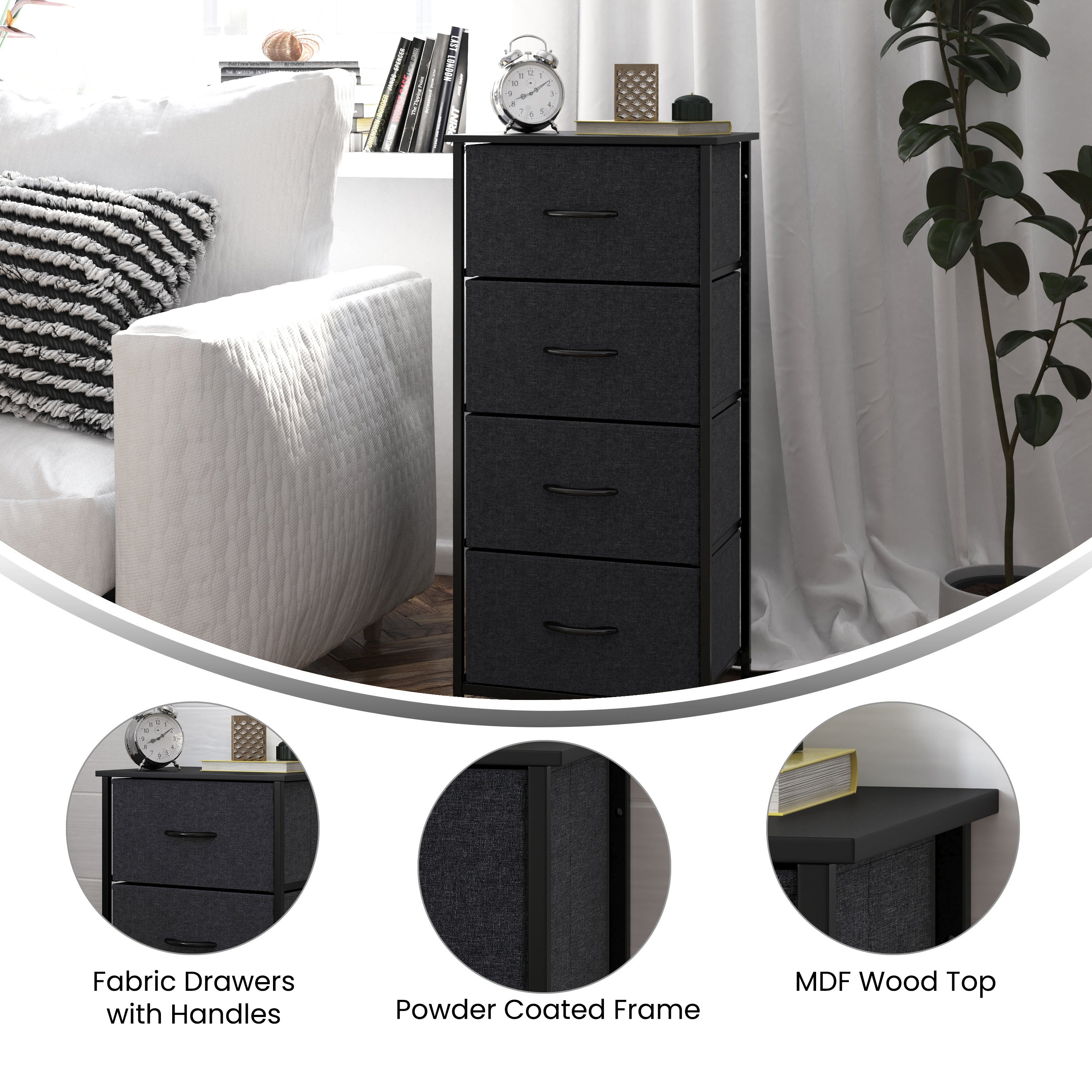 Harris 4 Drawer Vertical Storage Dresser with Black Cast Iron Frame and Wood Top and Black Easy Pull Fabric Drawers with Wooden Handles