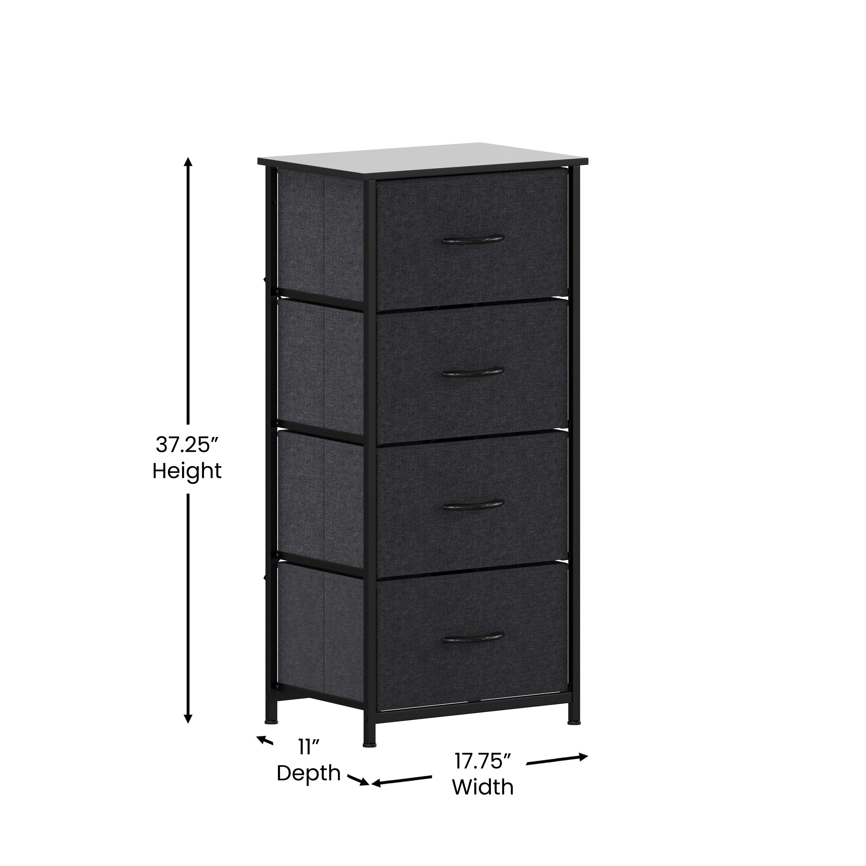 Harris 4 Drawer Vertical Storage Dresser with Black Cast Iron Frame and Wood Top and Black Easy Pull Fabric Drawers with Wooden Handles