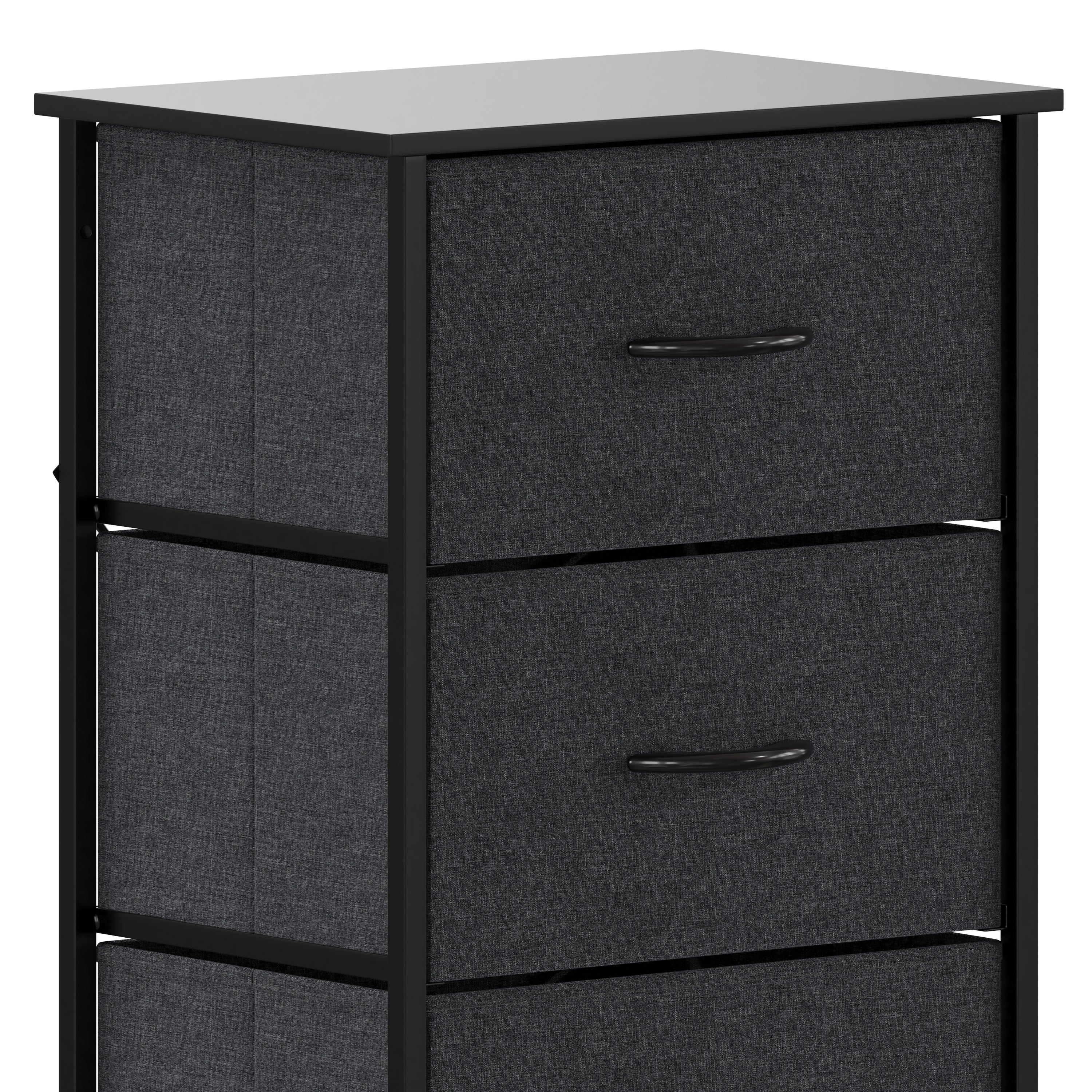 Harris 4 Drawer Vertical Storage Dresser with Black Cast Iron Frame and Wood Top and Black Easy Pull Fabric Drawers with Wooden Handles