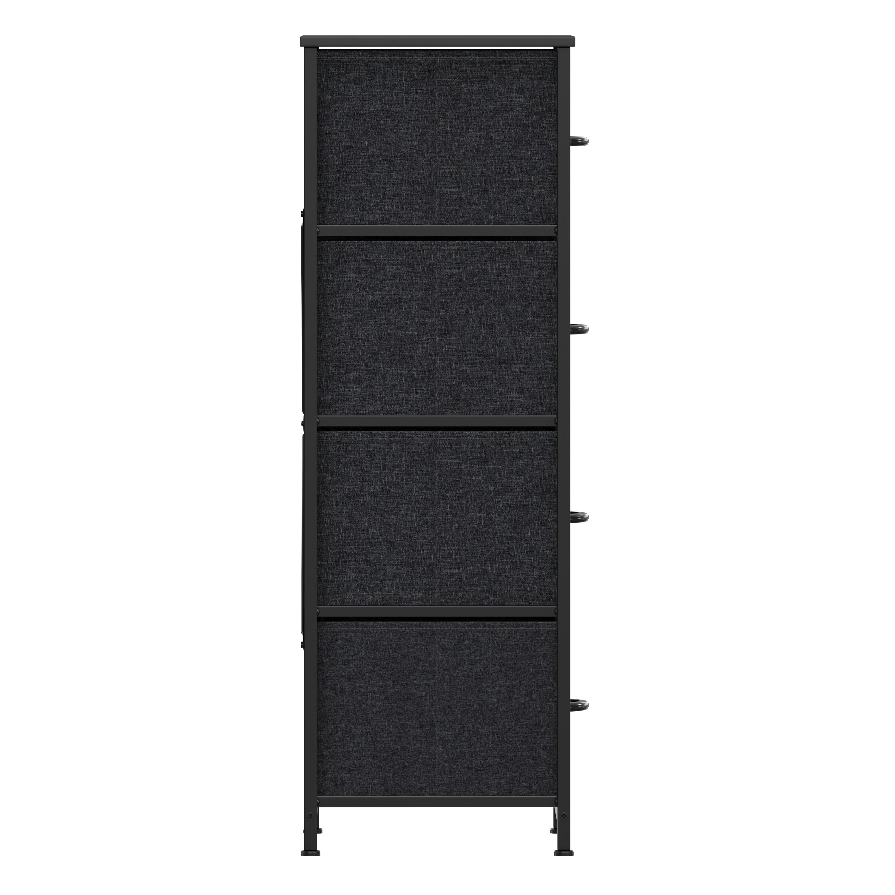 Harris 4 Drawer Vertical Storage Dresser with Black Cast Iron Frame and Wood Top and Black Easy Pull Fabric Drawers with Wooden Handles